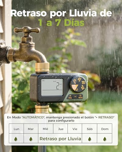 Detalle 2 de Diivoo Programador de Riego con Entrada y Salida de Latón | IP66, Retraso por Lluvia y Riego Manual