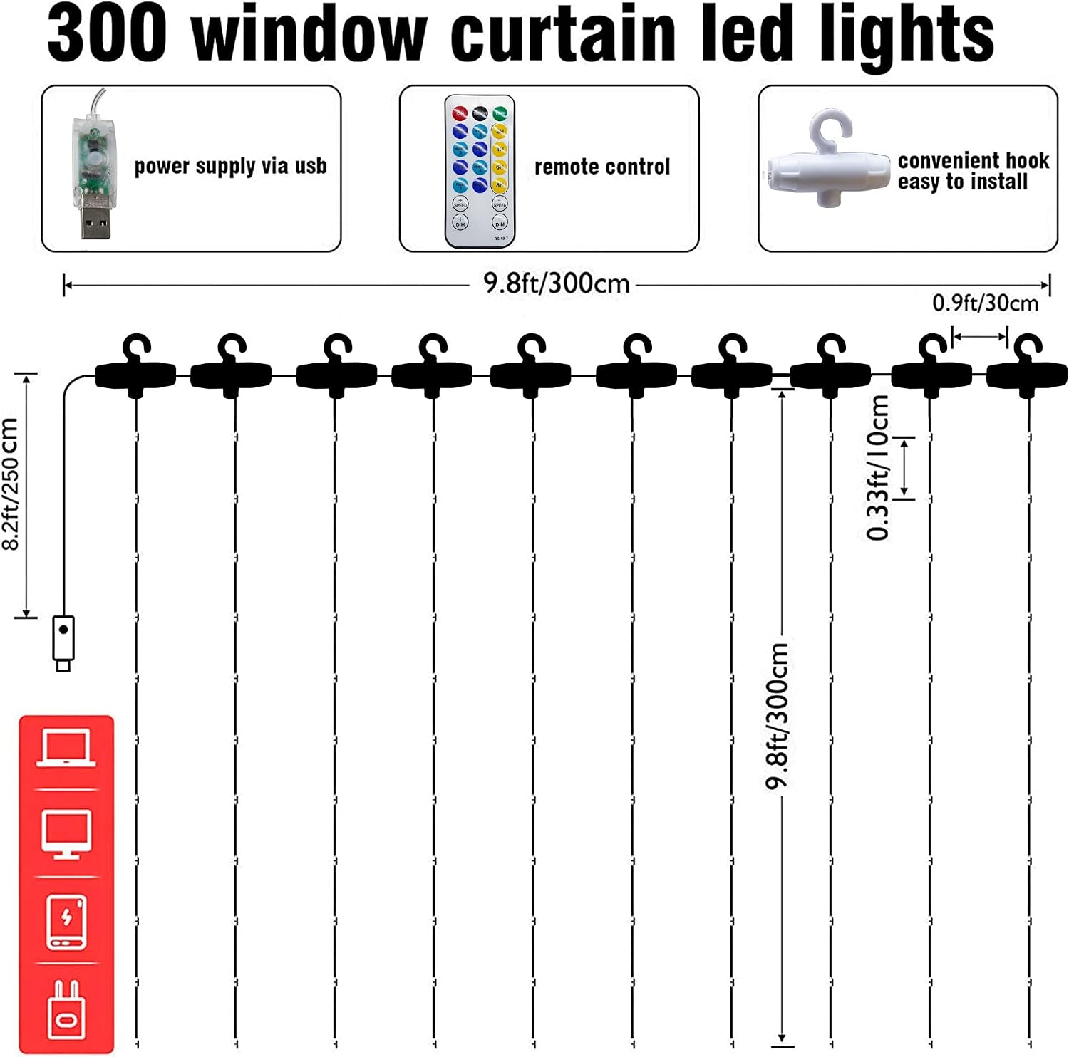 Thumbnail 1 de Dazzle Bright 300 LED Curtain String Lights, Warm White, 8 Modes, USB