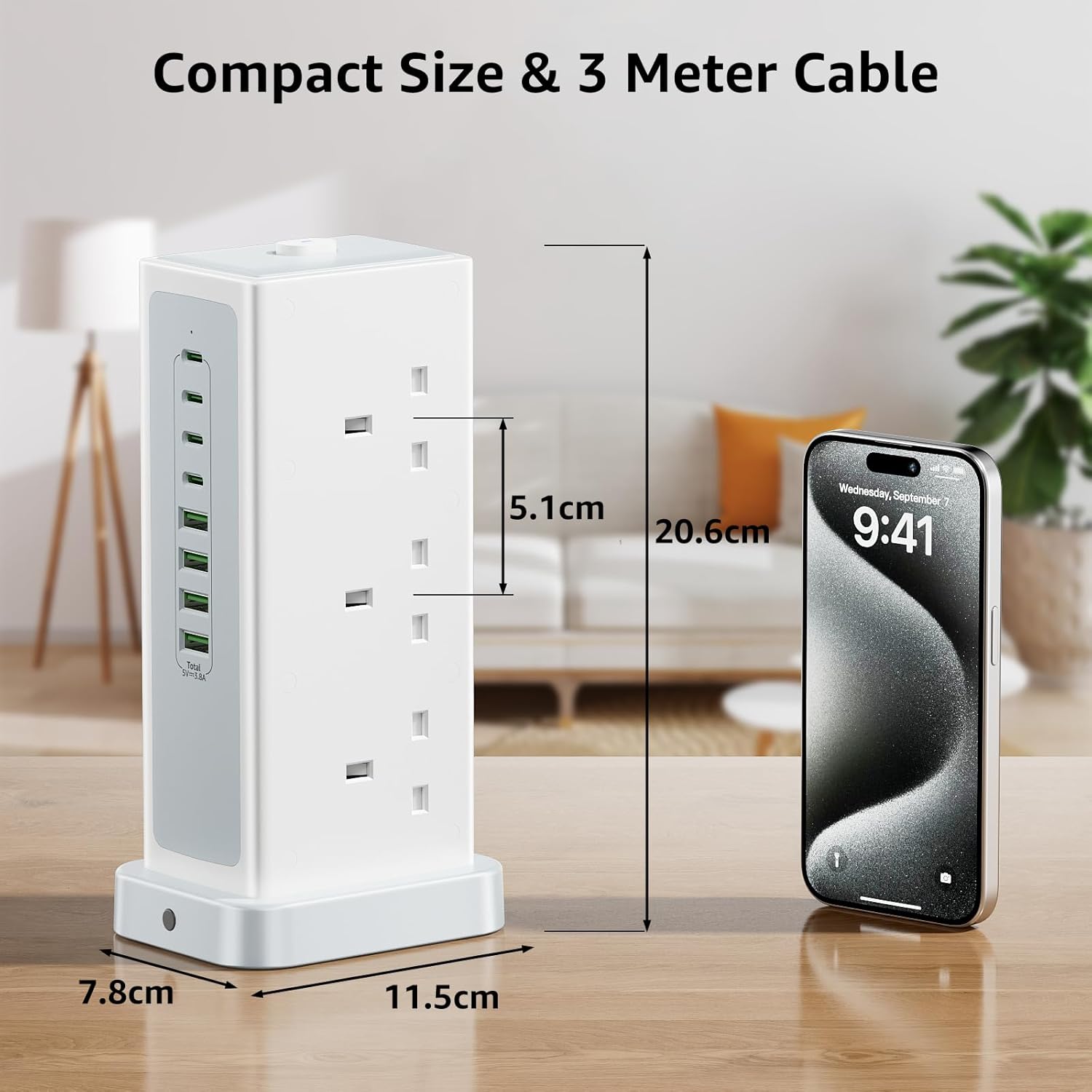 Thumbnail 5 de Tower Extension Lead with USB Slots, 6 Way (13A/3250W) – 3m Cable