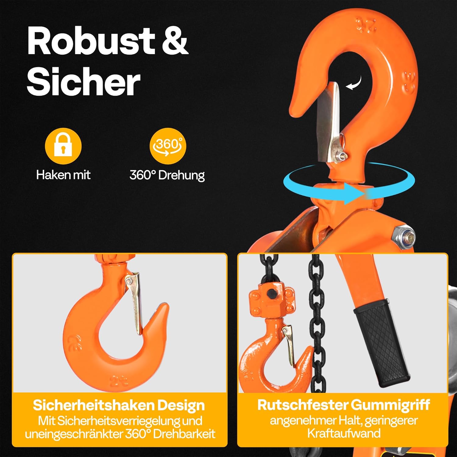 Detalle de SPECSTAR Hebelzug 1500 kg – Manueller Kettenzug mit 360° drehbarem Haken, G80 Kette, 3 m Hubhöhe