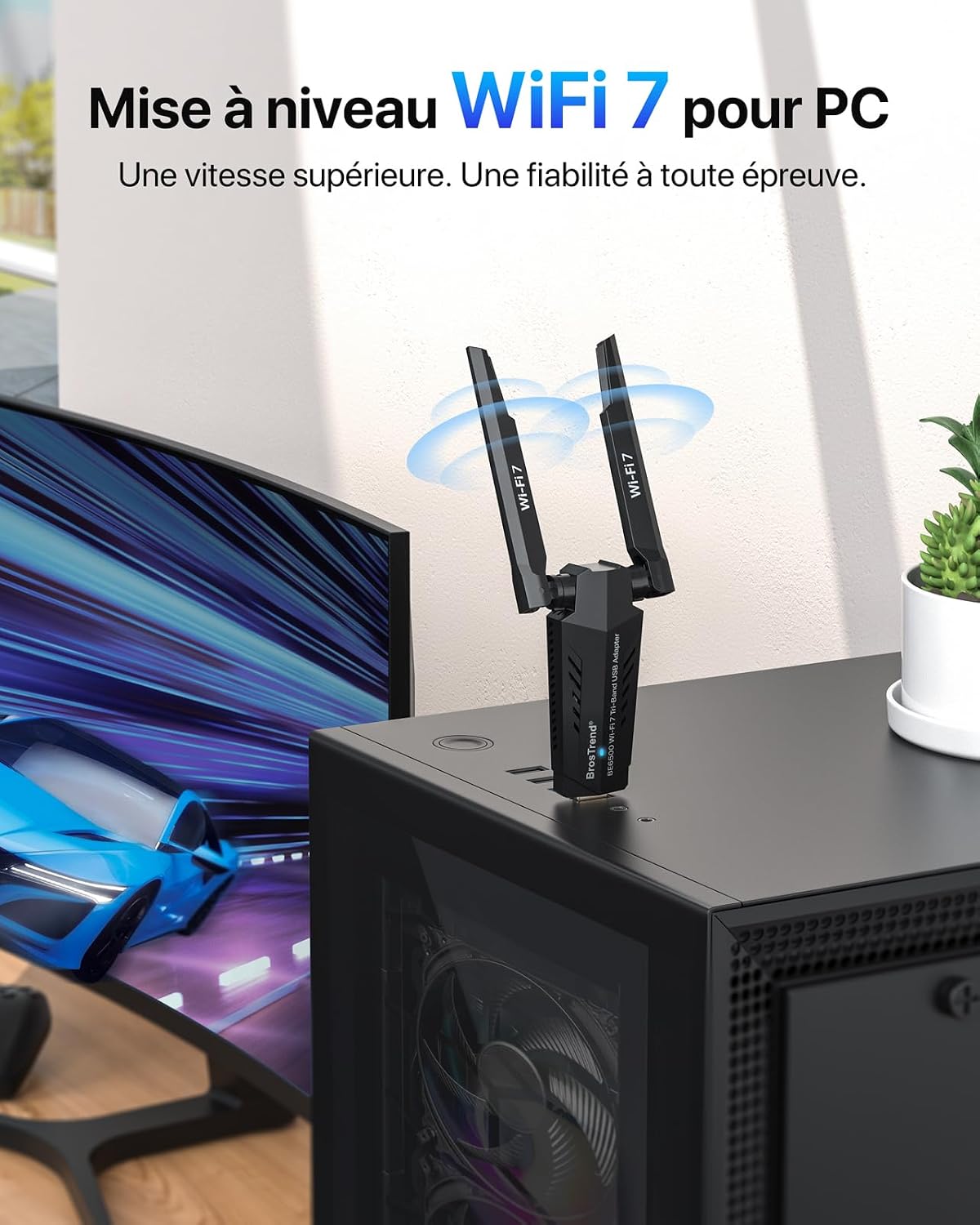 Detalle de BrosTrend BE6500 Clé WiFi 7 USB tri-bande 6 GHz/5 GHz/2,4 GHz (WPA3) pour PC