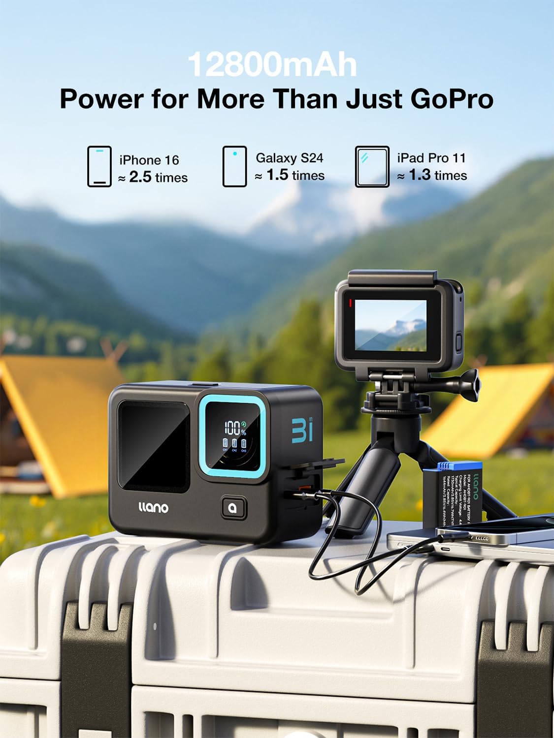 Thumbnail 4 de llano 3-in-1 3-Slot Fast Battery Charger for GoPro Hero 12/11/10/9 with 12800mAh Built-in Pack