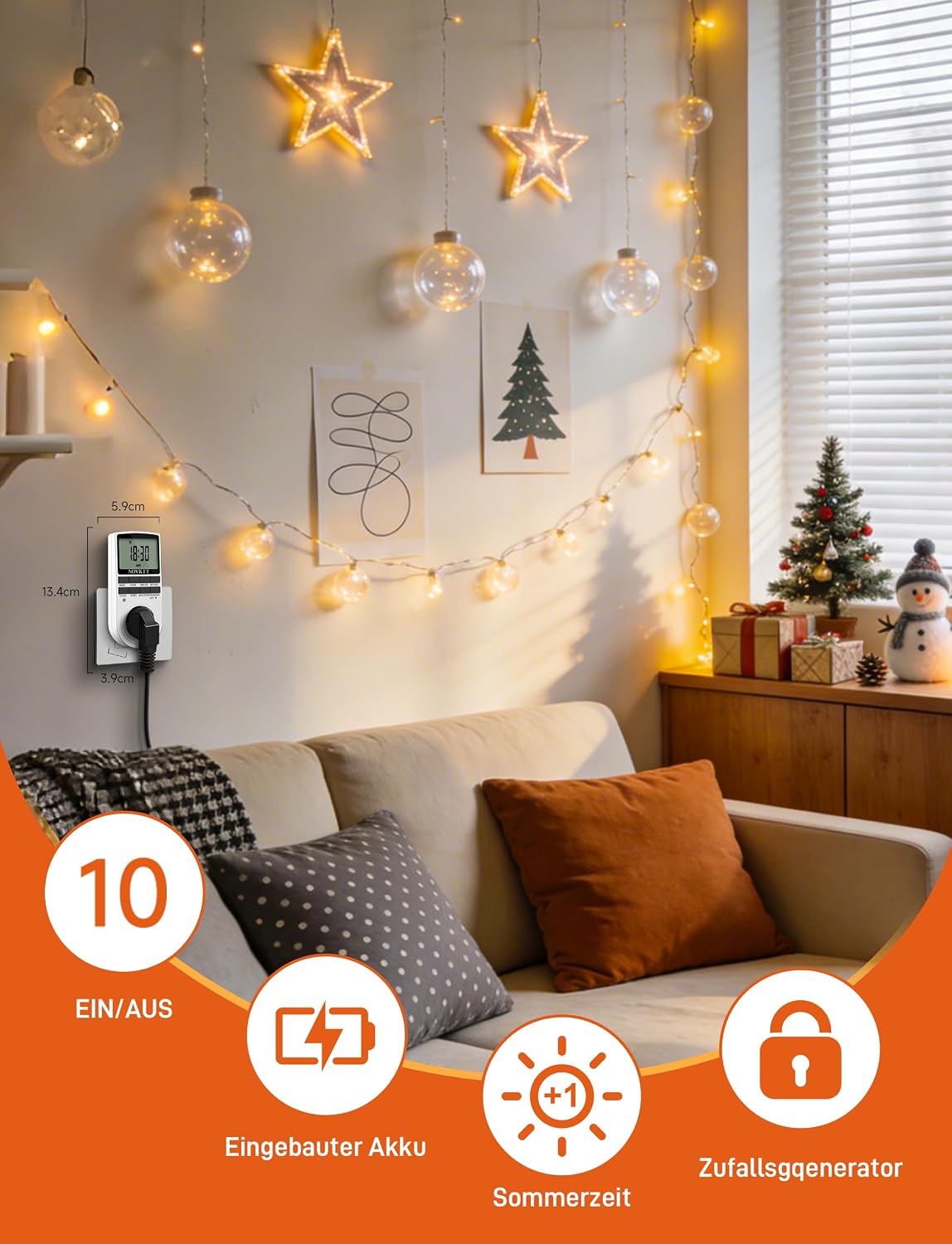 Detalle 2 de NOVKIT Digitale Zeitschaltuhr-Steckdose mit 10 wöchentlichen Programmen und Zufallsfunktion für Innen