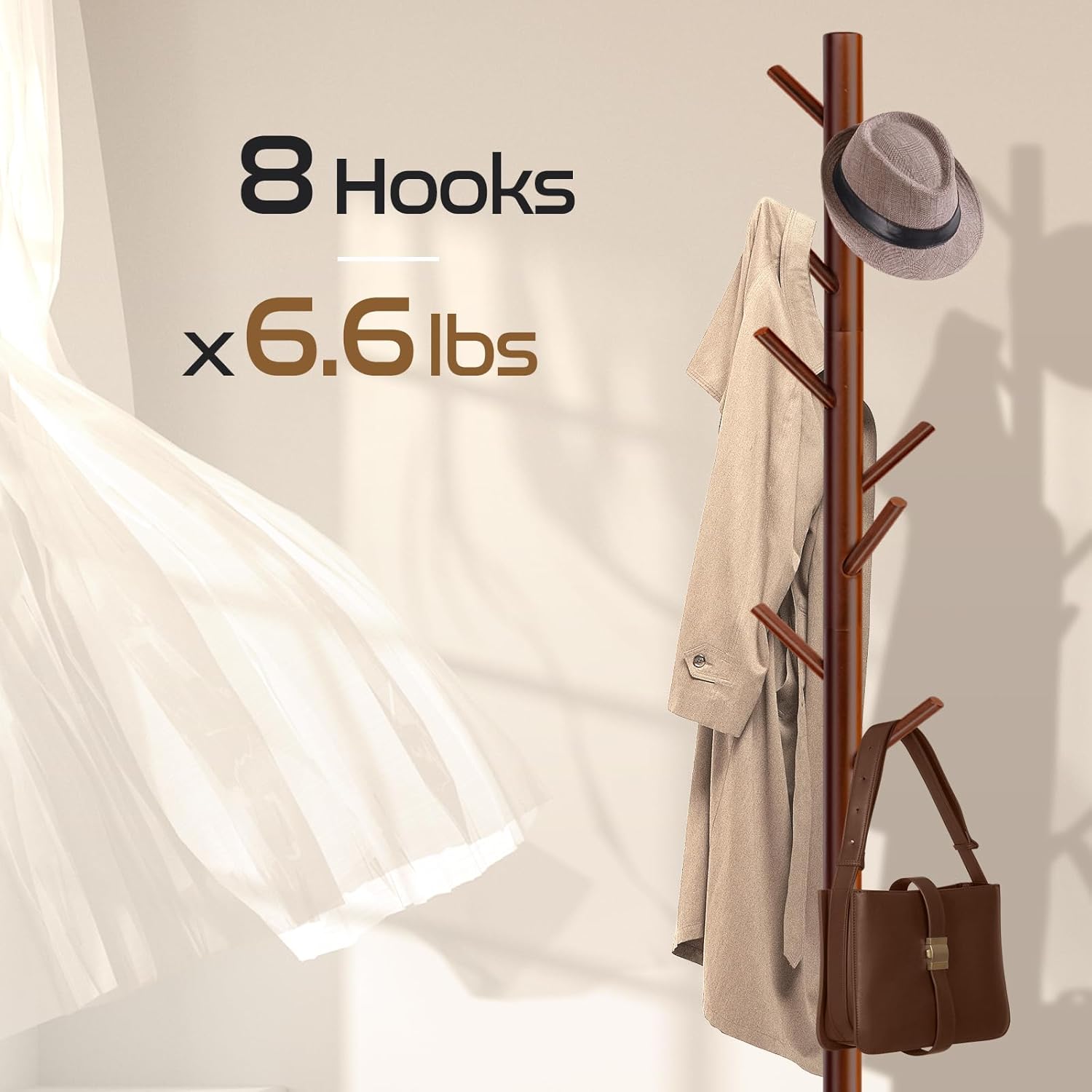 Thumbnail 2 de Freyawin Solid Wooden Freestanding Coat Rack with 8 Hooks and 3 Height Options (New Zealand Pine)