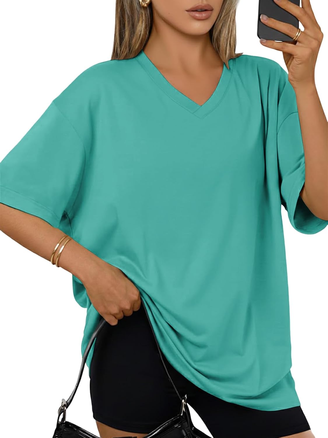 Detalle de Cuptacc Tee Shirt Femme Col V Été - T-Shirt Oversize à Manches Courtes