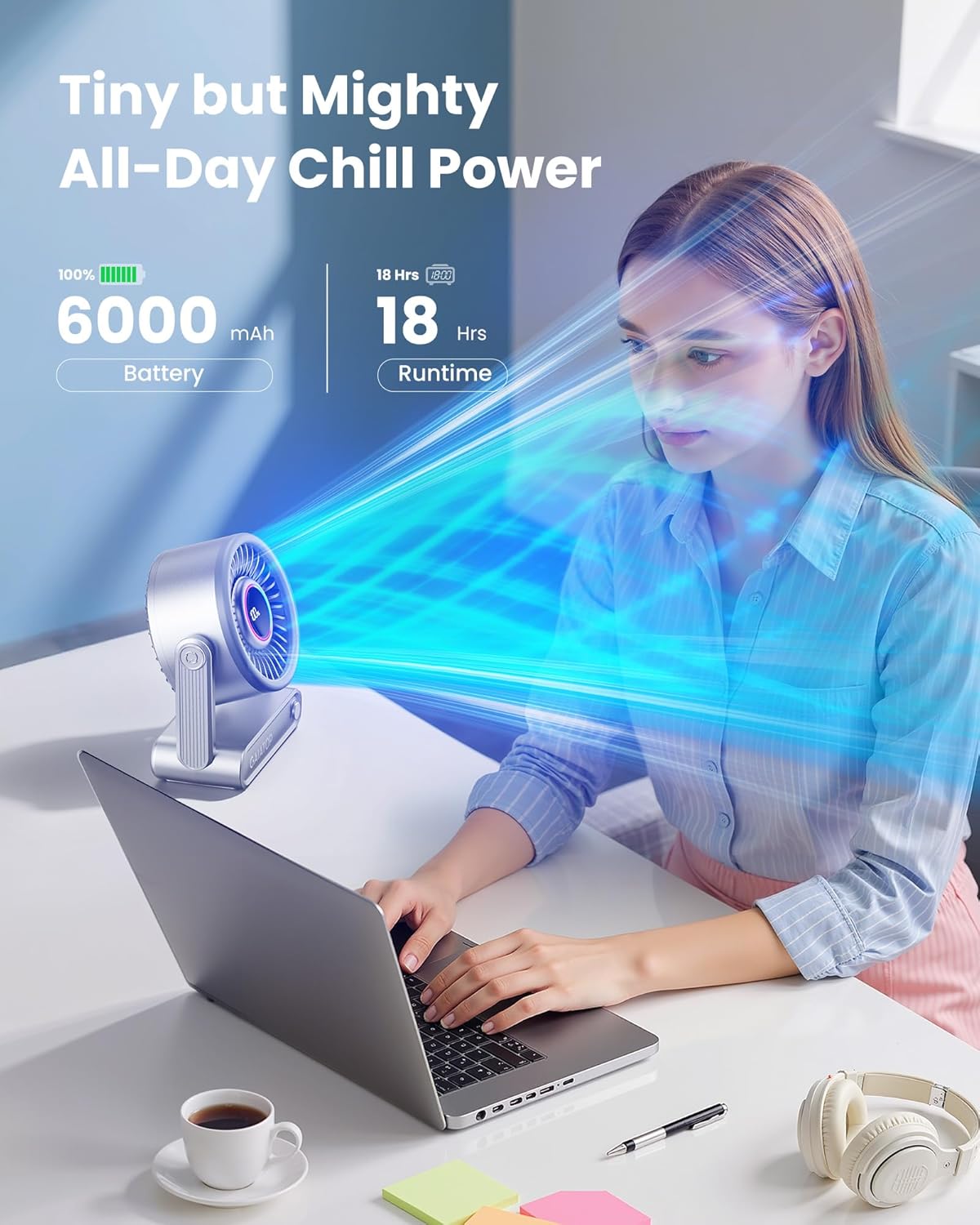 Thumbnail 1 de Gaiatop Rechargeable Desk Fan with Power Bank: 6000mAh, 18H Runtime, 5-Speed Quiet Cooling