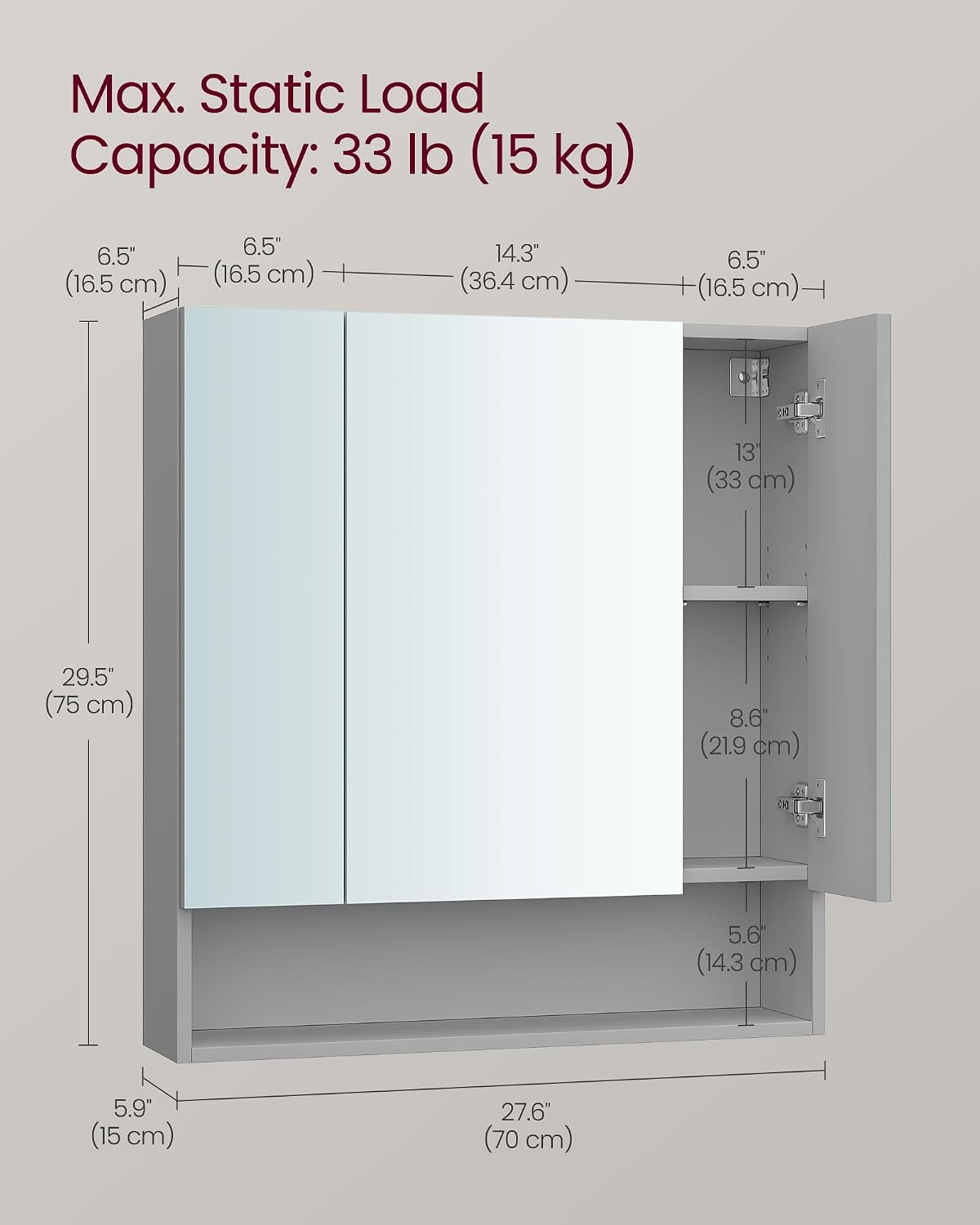Detalle de VASAGLE KAILYN BBK129G01 Bathroom Mirror Cabinet, Dove Grey, 70 x 16.5 x 75 cm