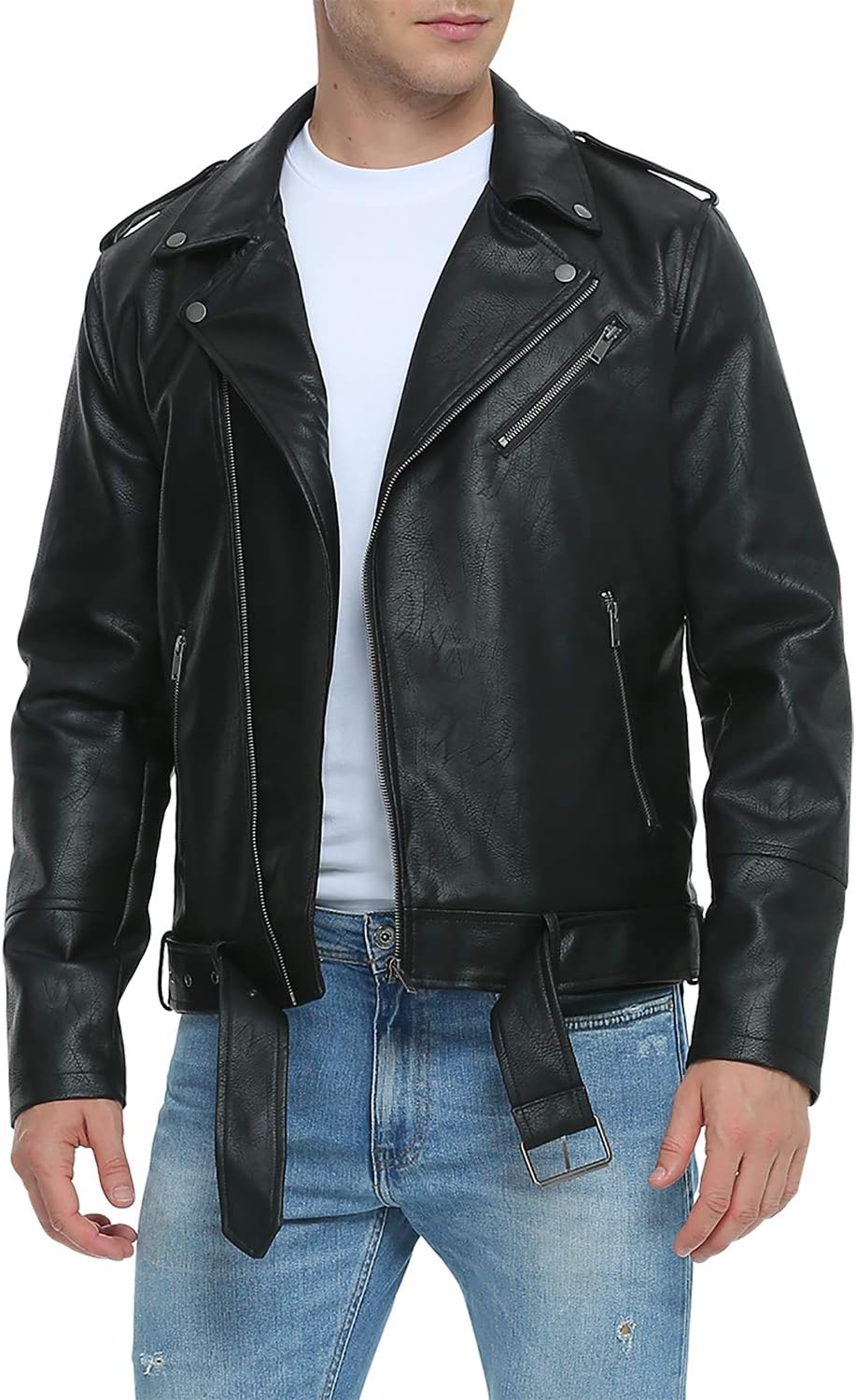 Detalle de Fahsyee Bike Coat Men's Faux Leather Biker Jacket, Slim Fit with Belt