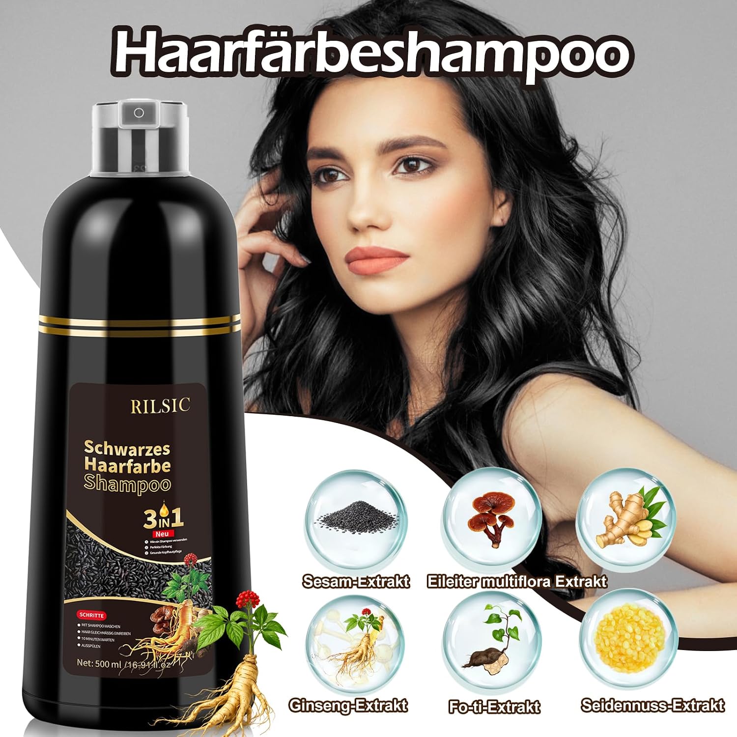 Detalle de BLSFXROE Black Hair Dye Shampoo 3in1 – Sofort-Haarfarbe Schwarz gegen graue Haare, 500 ml