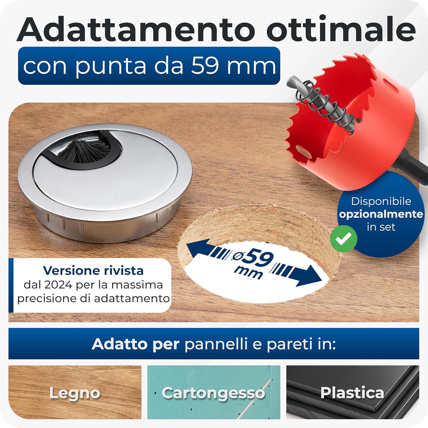 Thumbnail 4 de BRUCE.® Premium Passacavi Scrivania – 2 pezzi Ø60 mm, 2 passerelle differenziate, finitura Argento