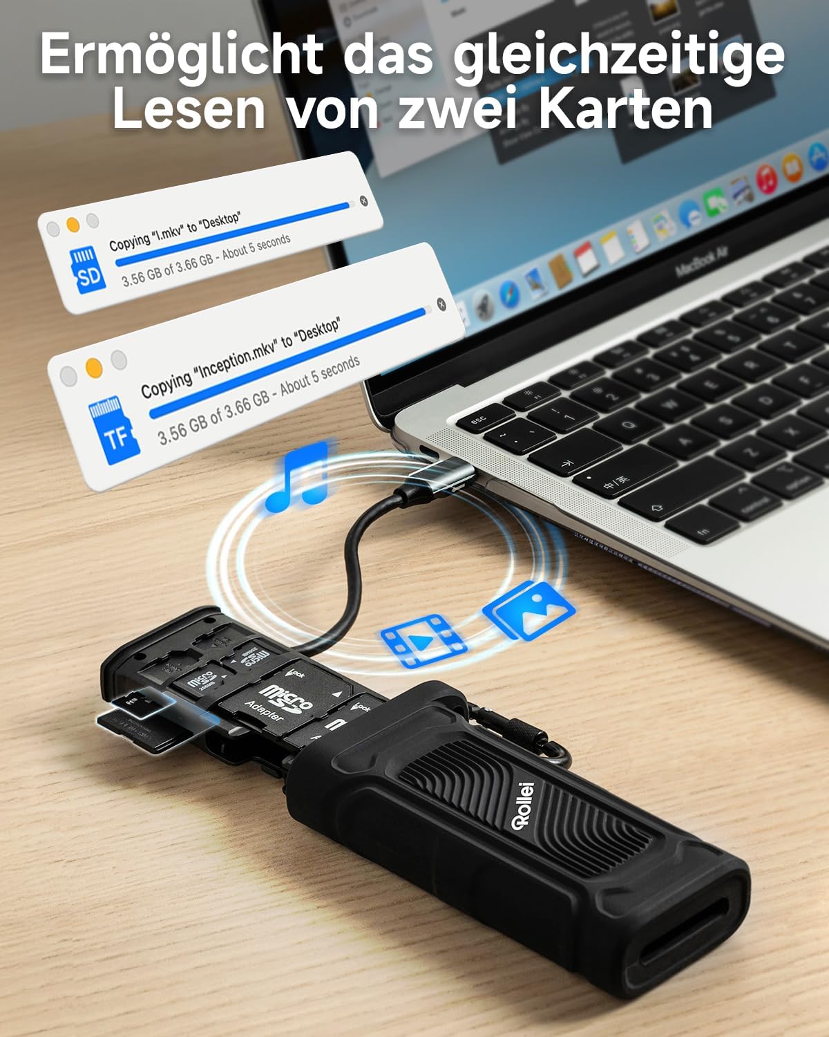 Detalle de Rollei 2 in 1 Travel Kartenlesegerät & Etui – USB-C 3.2 OTG mit Speicherstaurausgleich