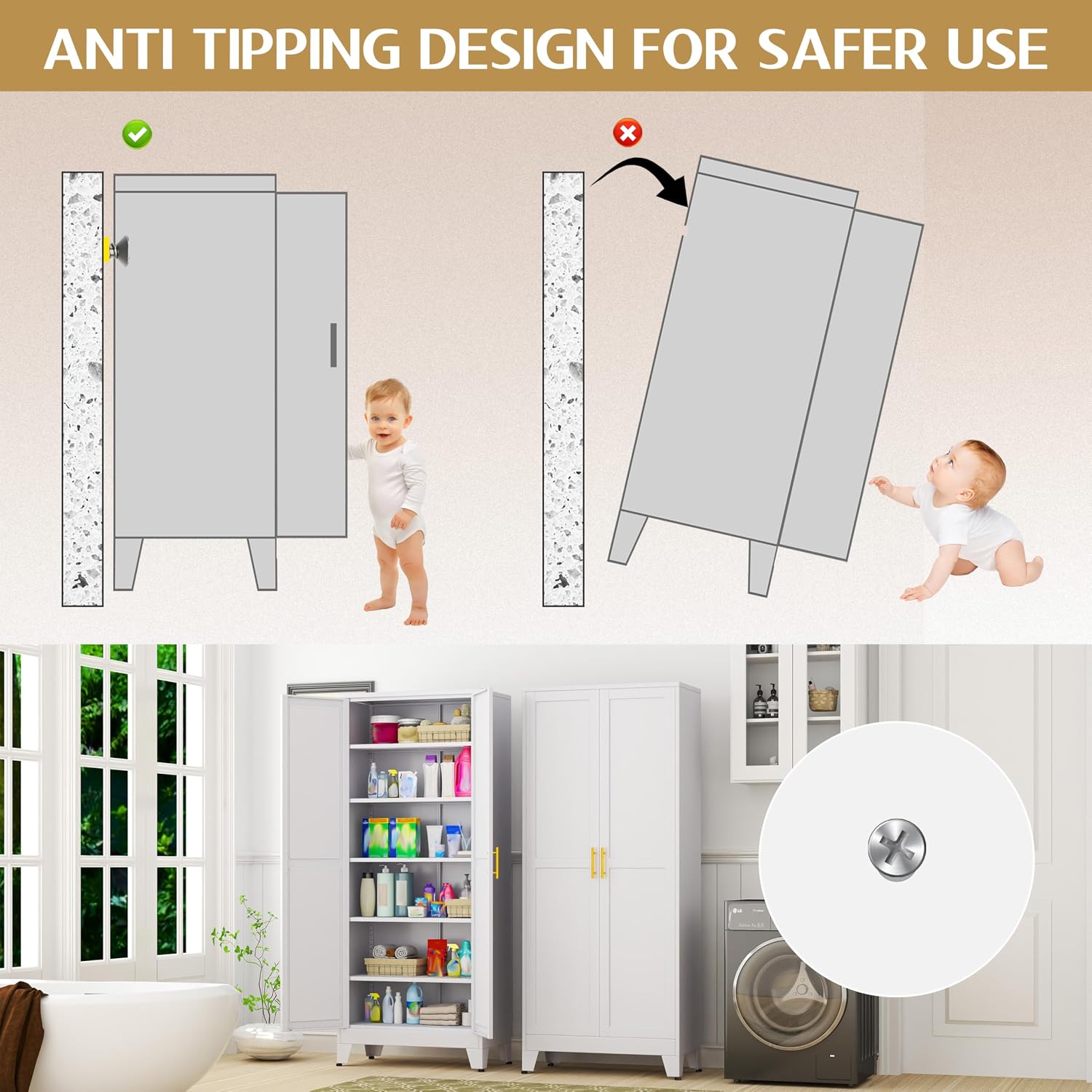 Detalle 2 de GAIOUS C-YSXR04-1200W 75.2" Metal Pantry Cabinet, White, Adjustable Shelves