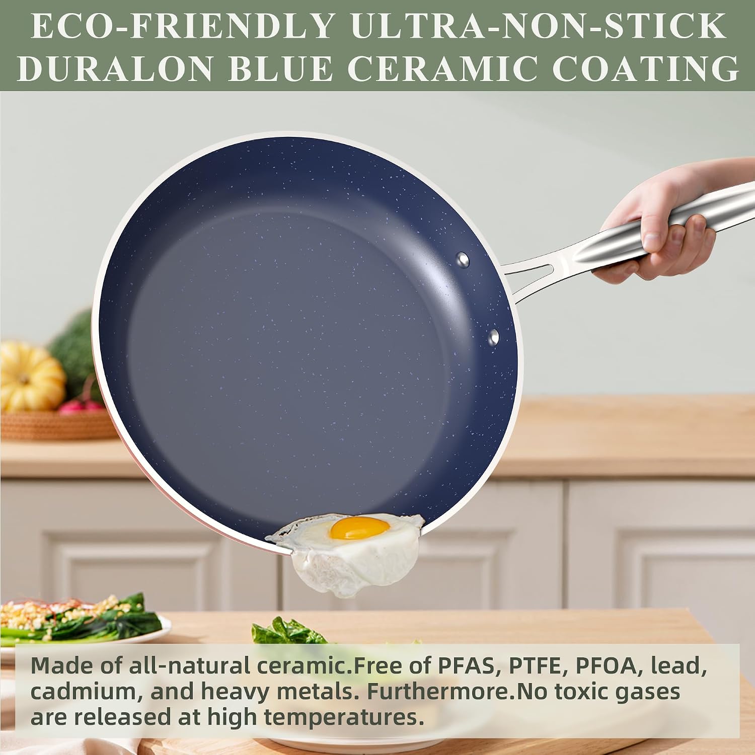 Detalle 2 de Nuwave Healthy Duralon Blue Ceramic Nonstick Cookware Set (Diamond-Infused, PFAS-Free) with Tempered Glass Lids