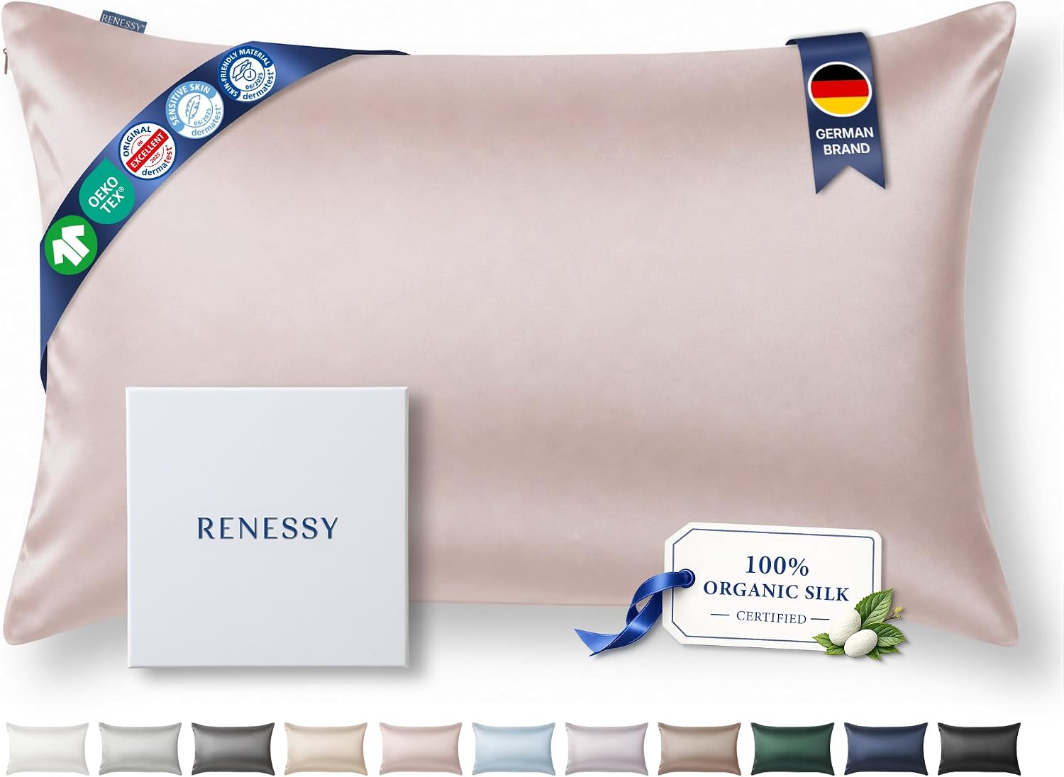 Detalle de RENESSY Organic Silk Pillowcase Queen, 22 Momme, Pink