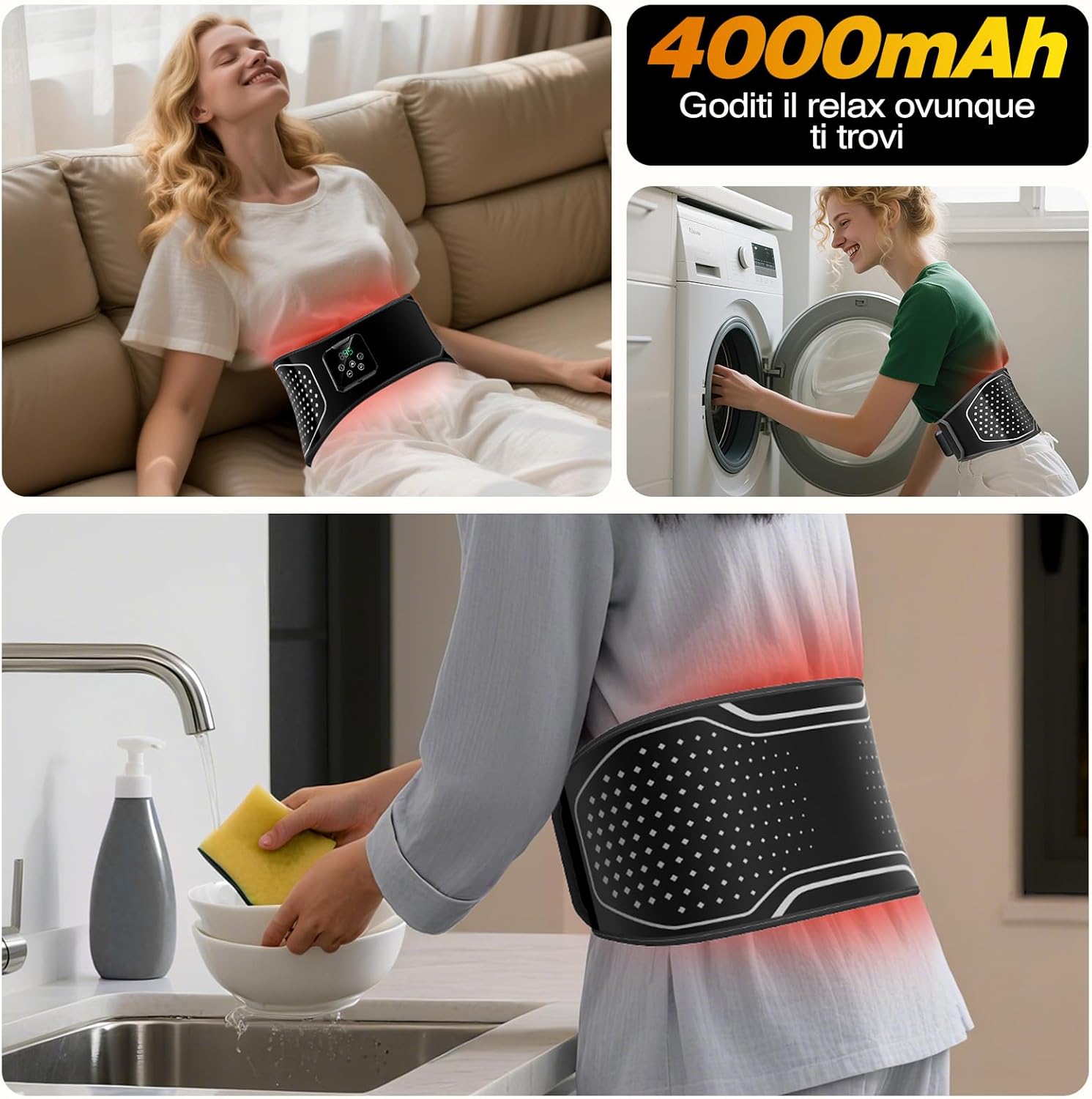Detalle de Cintura Massaggiante Lombare Senza Fili con Calore – Massaggio 3 in 1, 4 livelli di temperatura e batteria 4000mAh