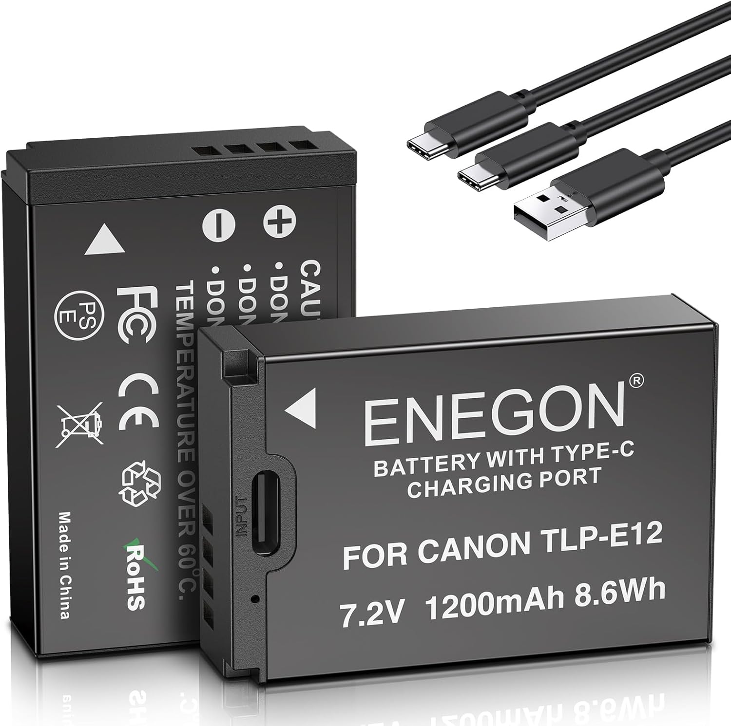 Detalle de ENEGON LP-E12 Batterie di Ricambio con Ricarica Diretta USB-C (2x 1200mAh) + Cavo 2-in-1 per Canon Rebel SL1 e EOS/M Series