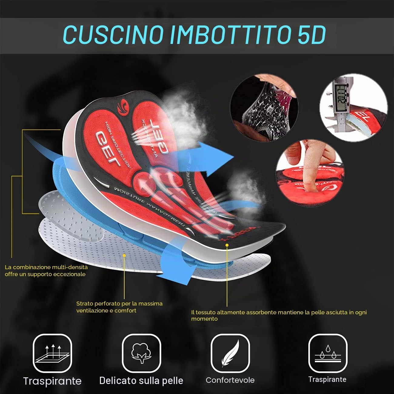 Detalle de X-TIGER Ciclismo Uomo 5D Gel Salopette: Pantaloncini Corti Imbottiti