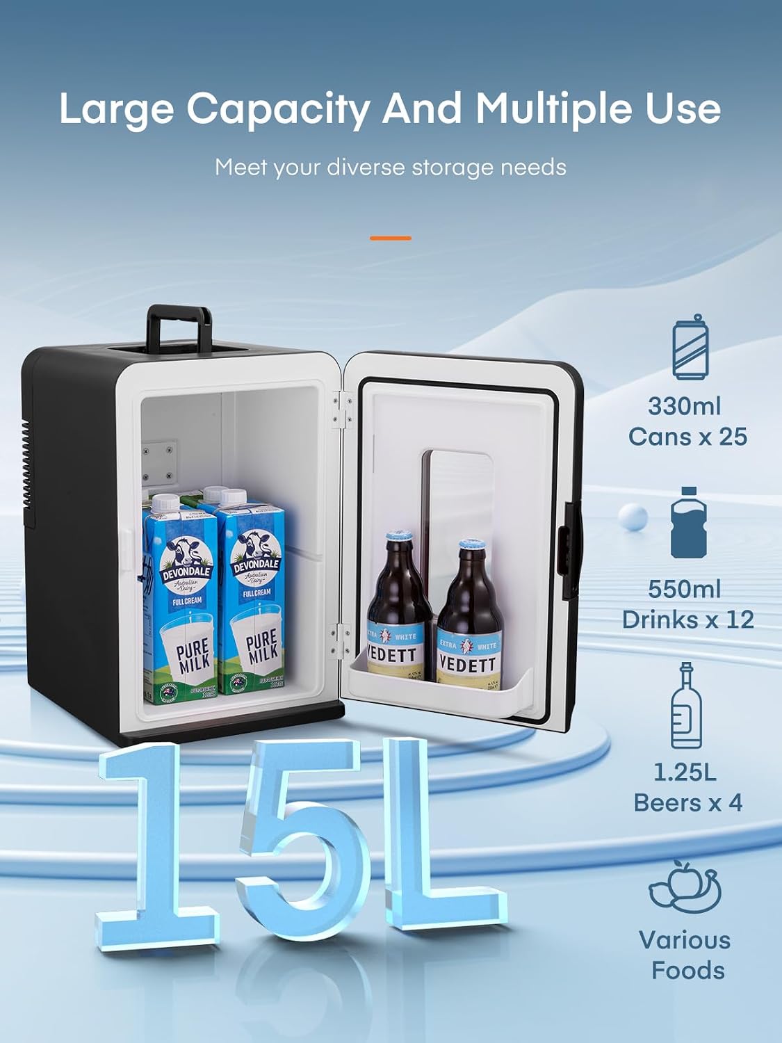 Detalle 2 de FOHERE 15L mini-koelkast, 21 blikjes, koelen en verwarmen, AC/DC