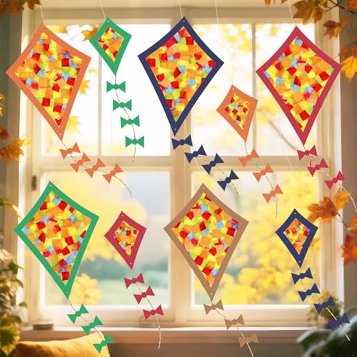 Detalle de Herbstbasteln für Kinder – HILKKET Herbst Fensterbilder Bastelset mit 12 Papierdrachen (6 groß, 6 klein) + Tonkarton & Transparentpapier