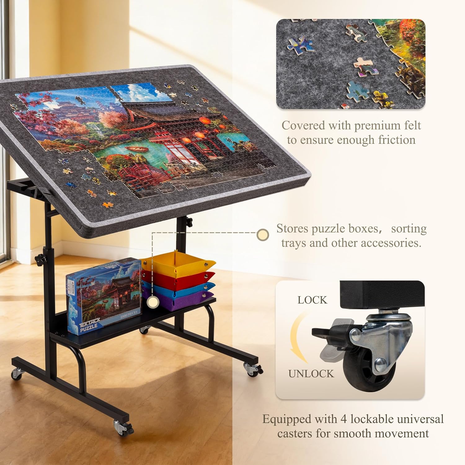 Thumbnail 5 de Tektalk 1500 Piece Felt Jigsaw Puzzle Table with Height & Angle Adjustment – Gray
