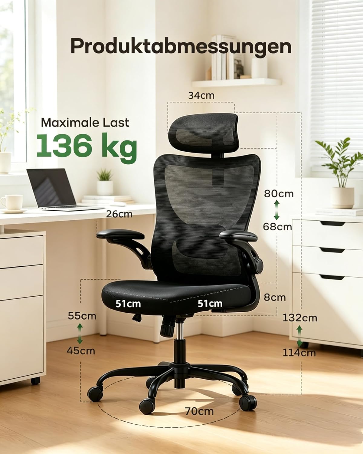 Thumbnail 6 de Marsail Bürostuhl Ergonomisch – 2D Kopfstütze, 2D-Lendenwirbelstütze, 3D-Armlehnen und 8 cm Sitzkissen