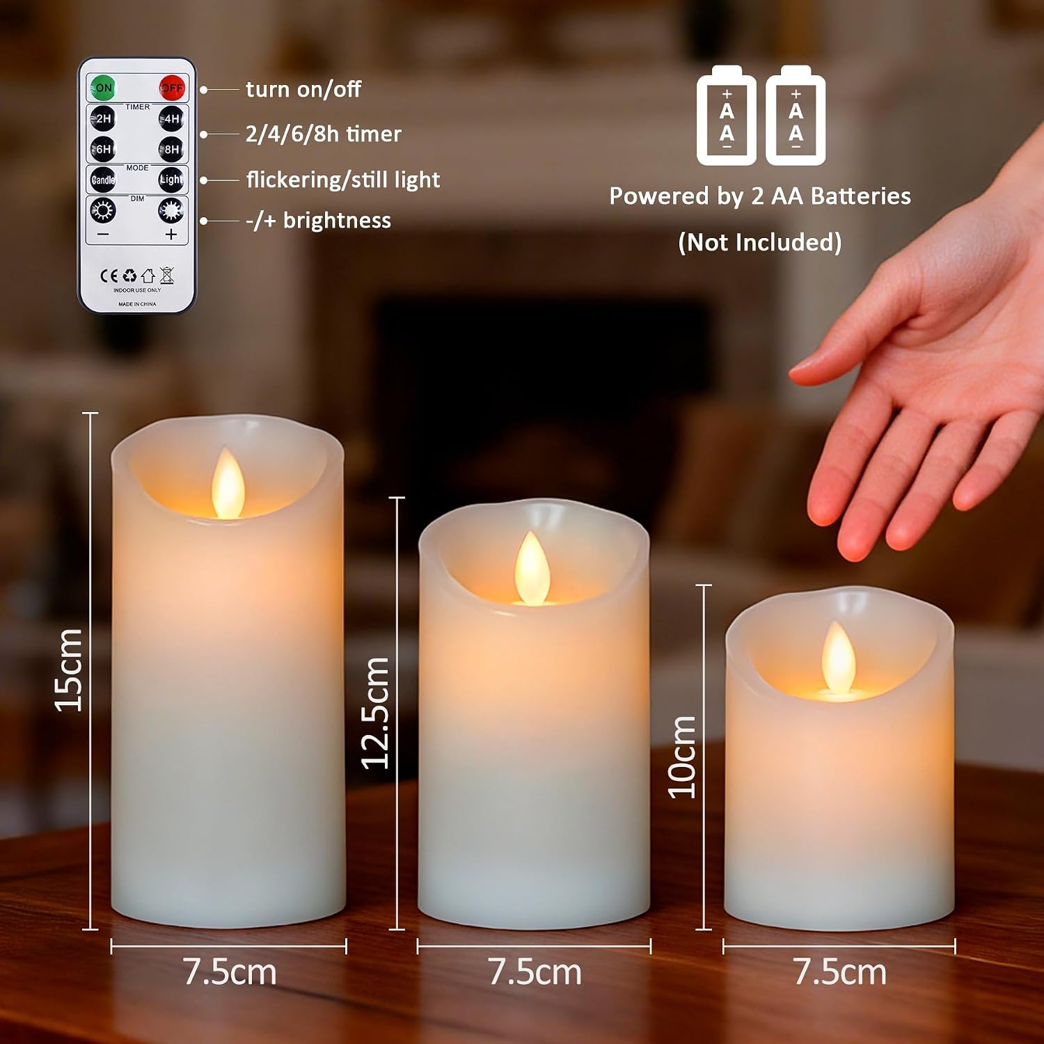 Detalle 2 de Mavandes Flammlose Säulen LED-Kerzen mit Fernbedienung – Echtes Wachs, bewegliche Dochte, 3er-Set (10 cm, 12,5 cm, 15 cm)