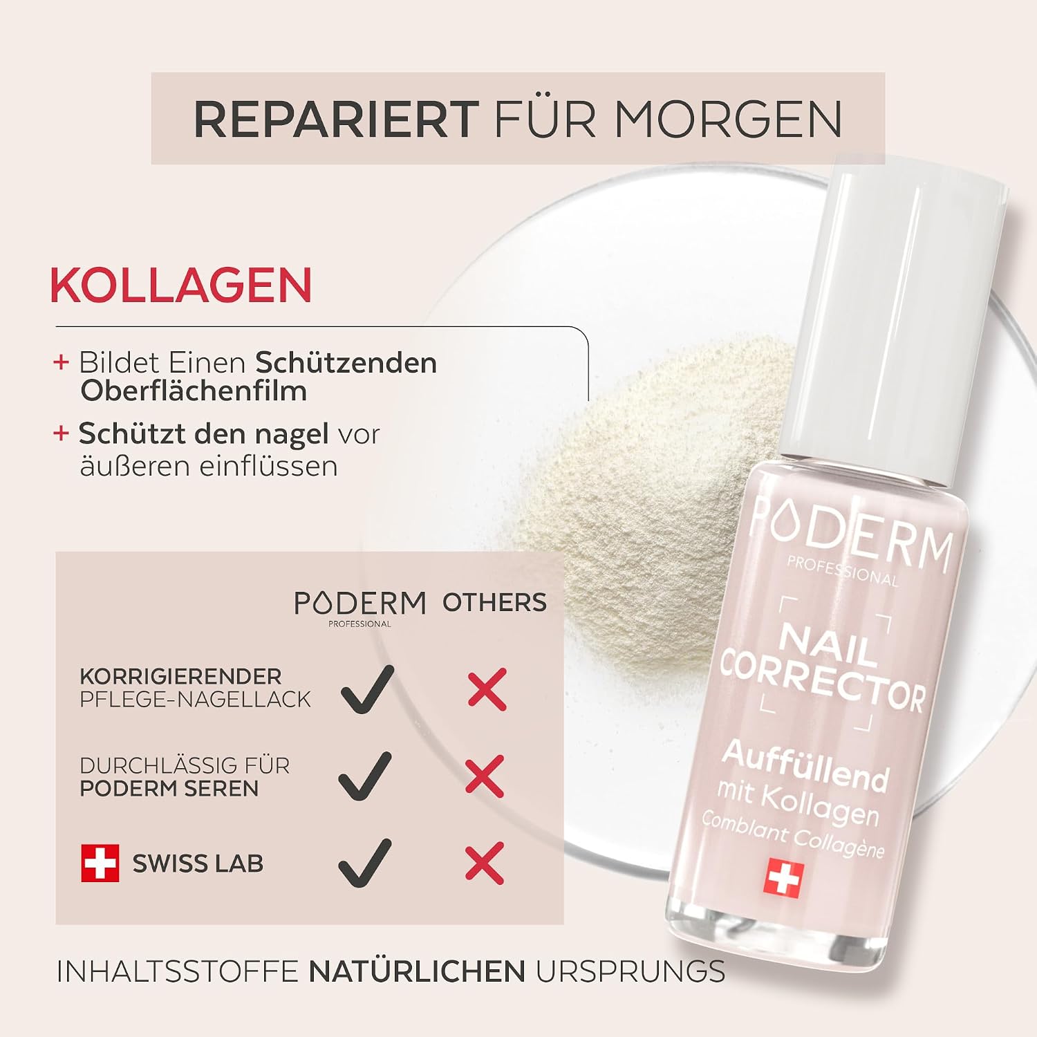 Detalle de PODERM Nagellack Pflege Corrector & Perfector mit Kollagen – glättet und kaschiert Nagelrillen (8 ml)