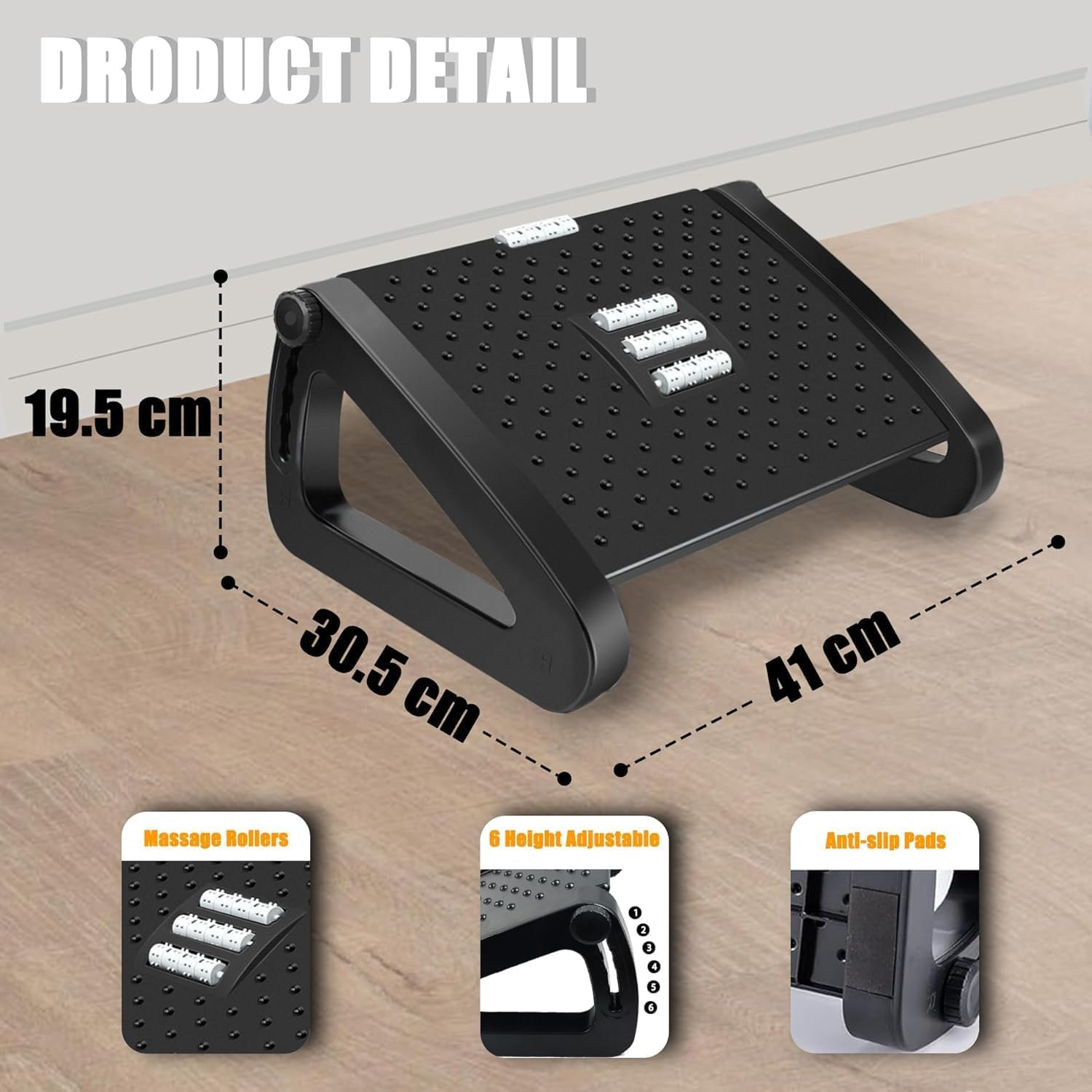 Detalle 2 de Office Foot Rest Adjustable Height with Roller Massager