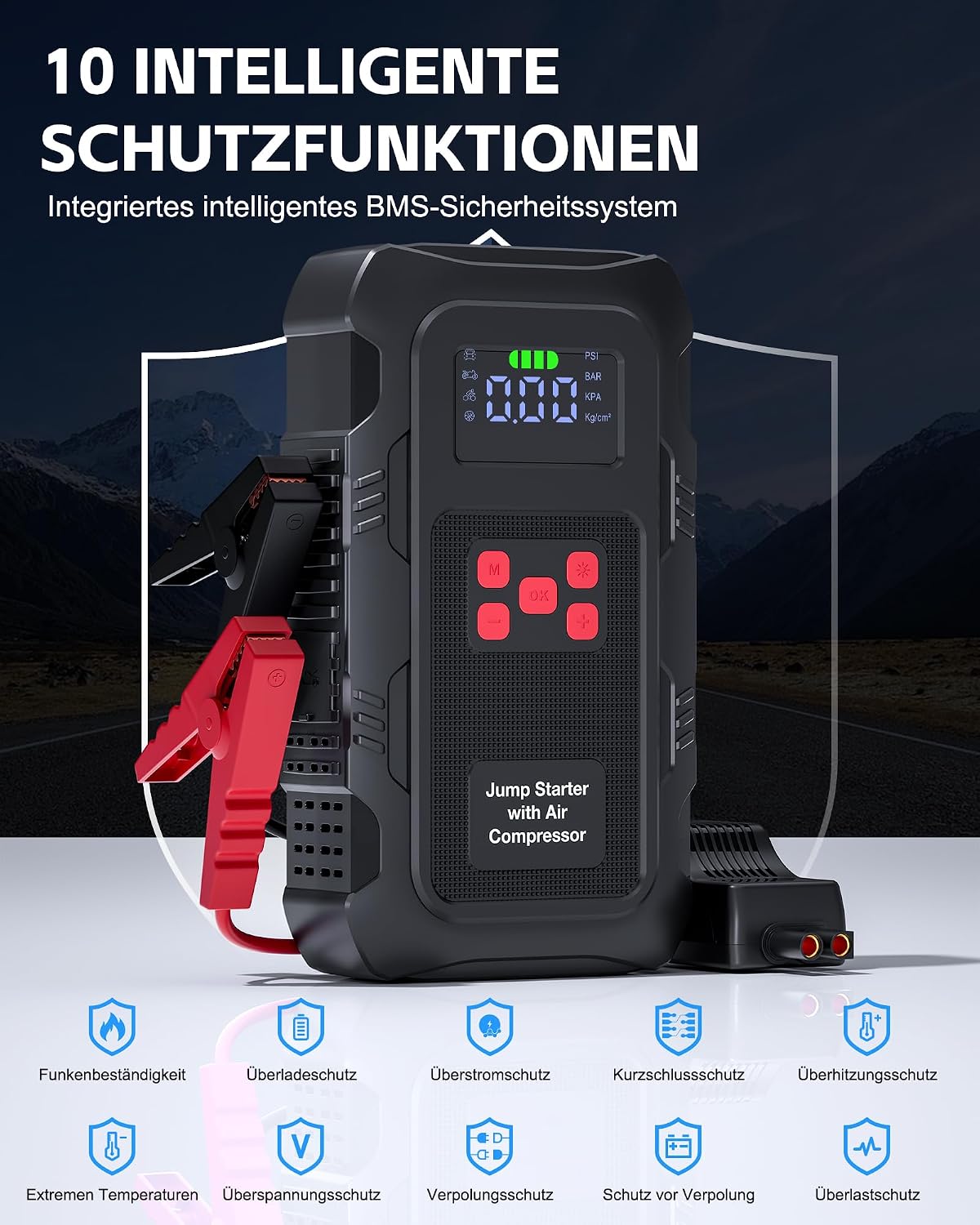 Detalle 2 de Povasee Starthilfe Powerbank für Pkw mit Kompressor – 6000A, 150 PSI, LED-Beleuchtung, USB-C