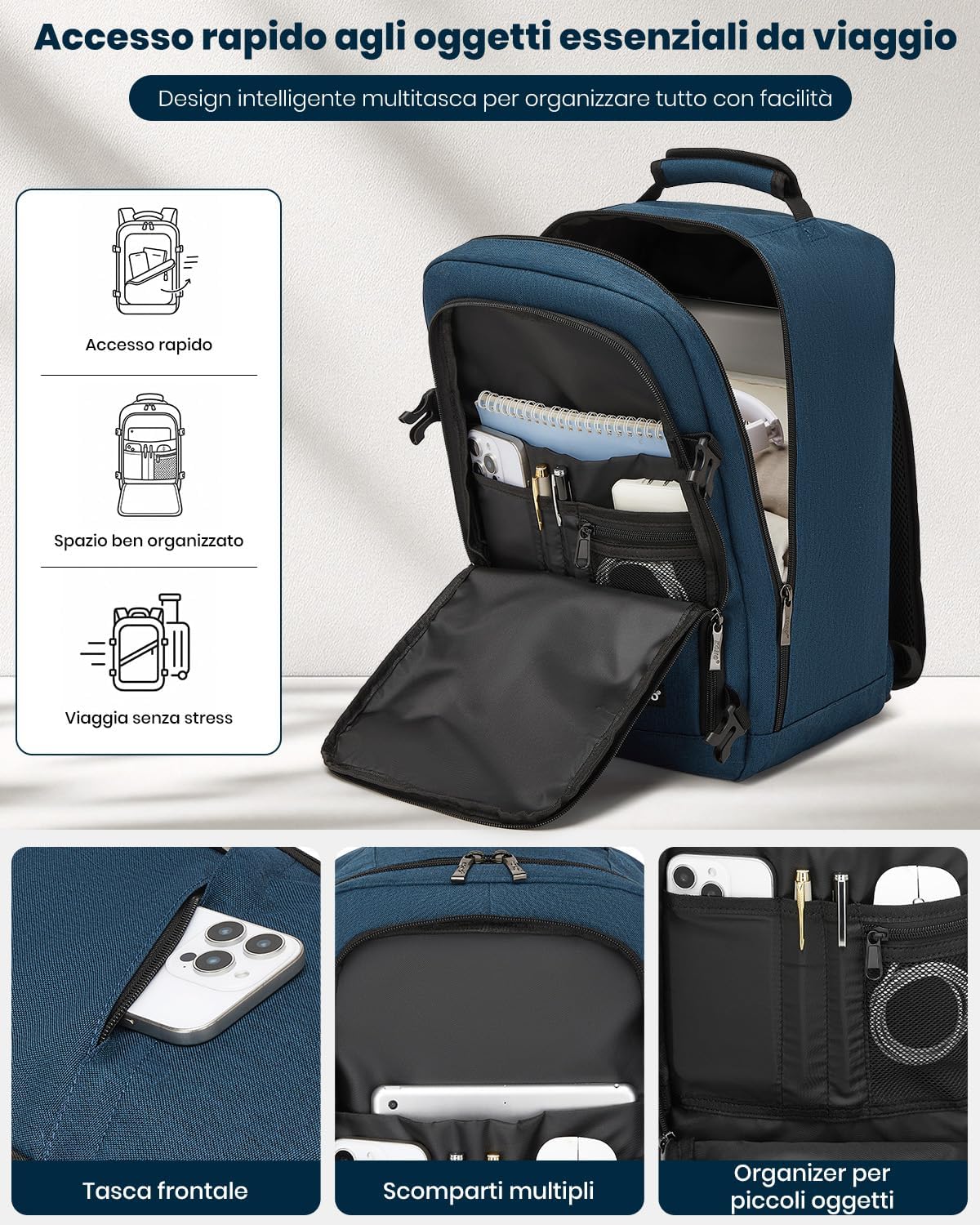 Detalle de KONO Zaino Ryanair 40x20x25 cm – Zaino da viaggio e bagaglio a mano per aerei, apertura 180°