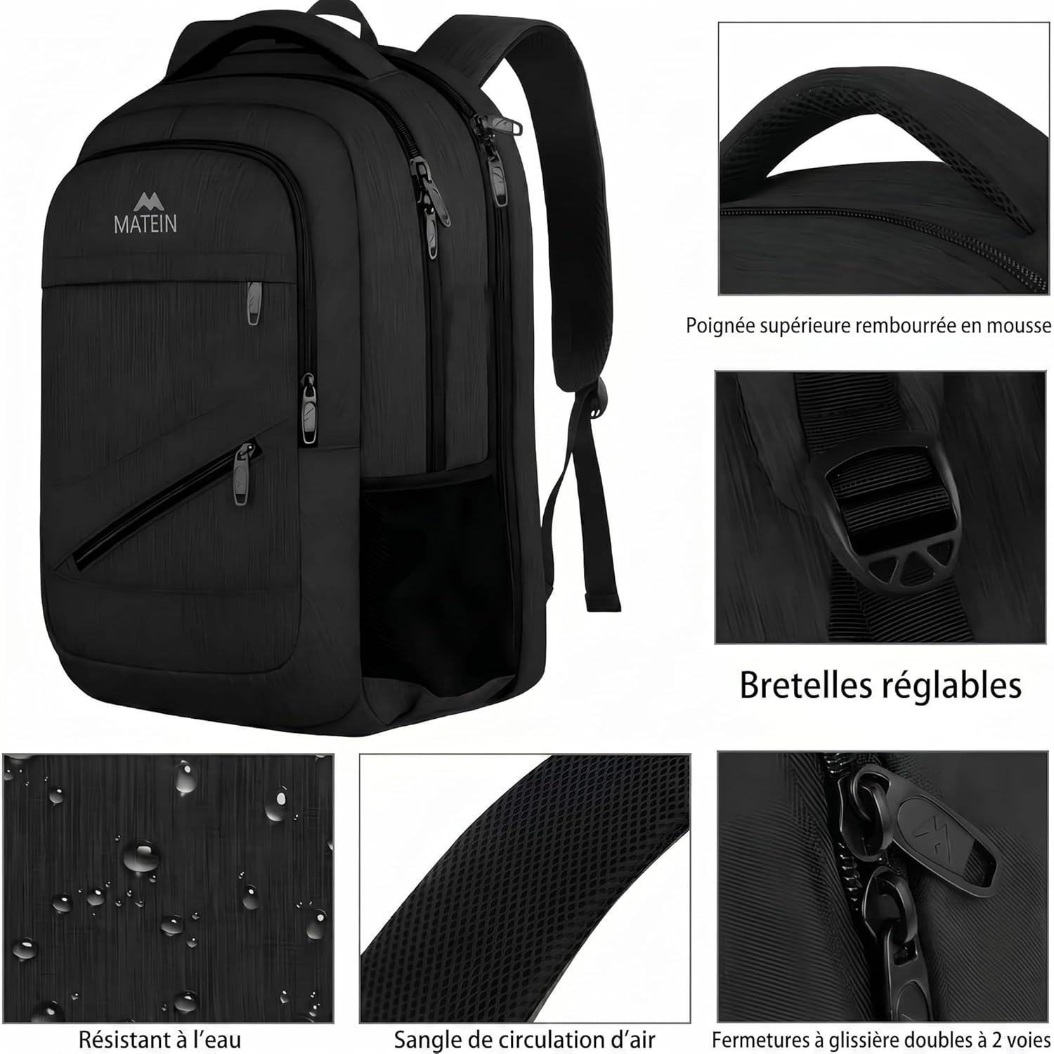 Detalle de MATEIN MATIN Sac à dos pour ordinateur portable 17 pouces, 30 L, imperméable et anti-vol (USB, sangle bagage) – Noir