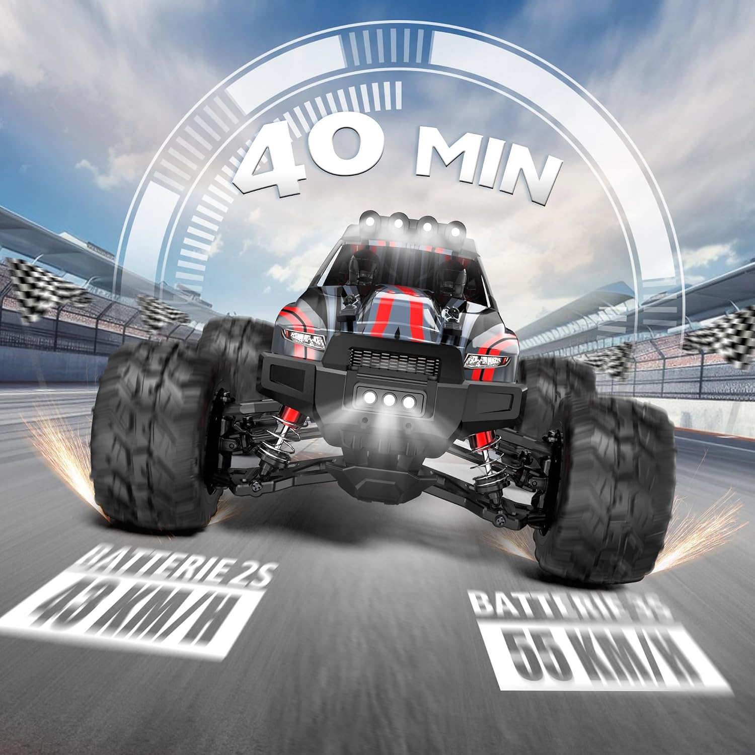 Detalle de Evmore Voiture Télécommandée 1:16 4WD — Haute Vitesse, 55 km/h et Suspension Tout-Terrain, avec 2 Batteries