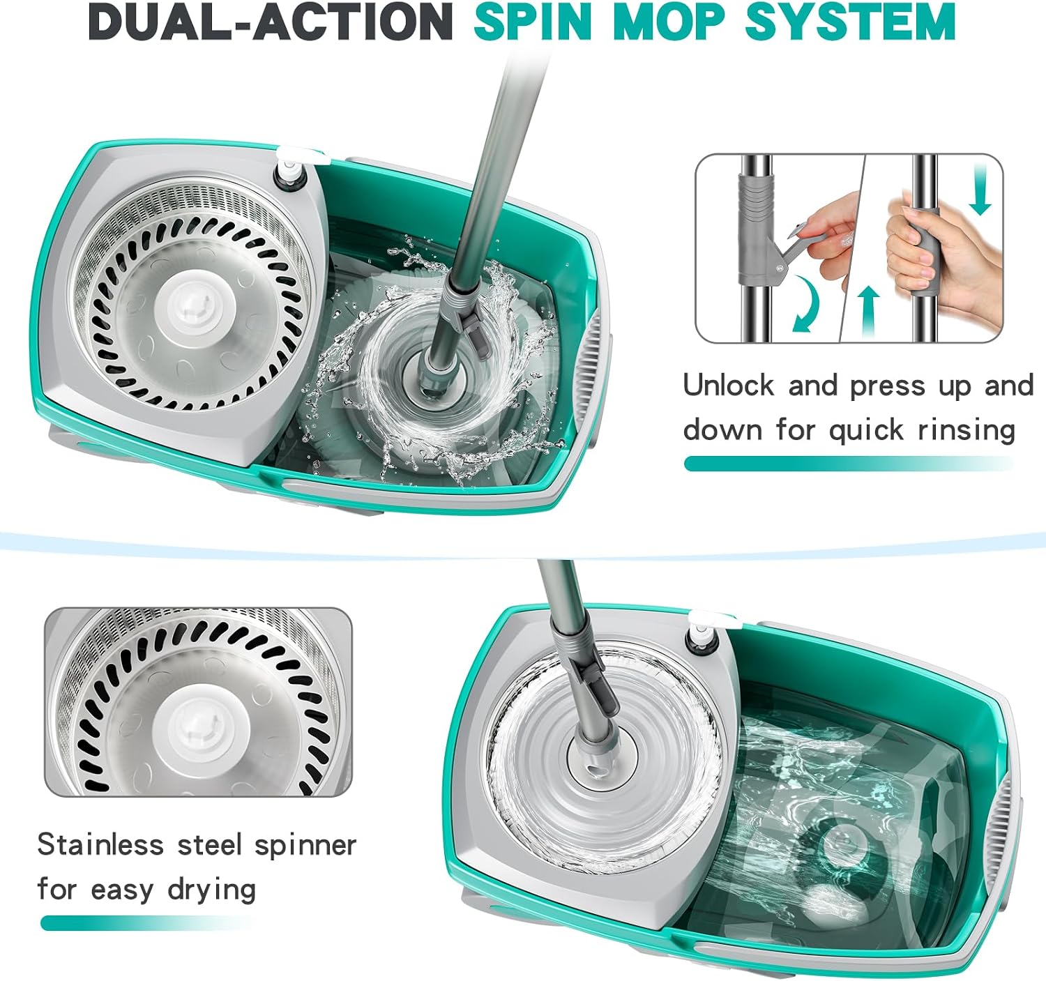 Detalle de Sarkunpio J0227D Spin Mop and Bucket Set, 6 Microfiber Heads, Teal