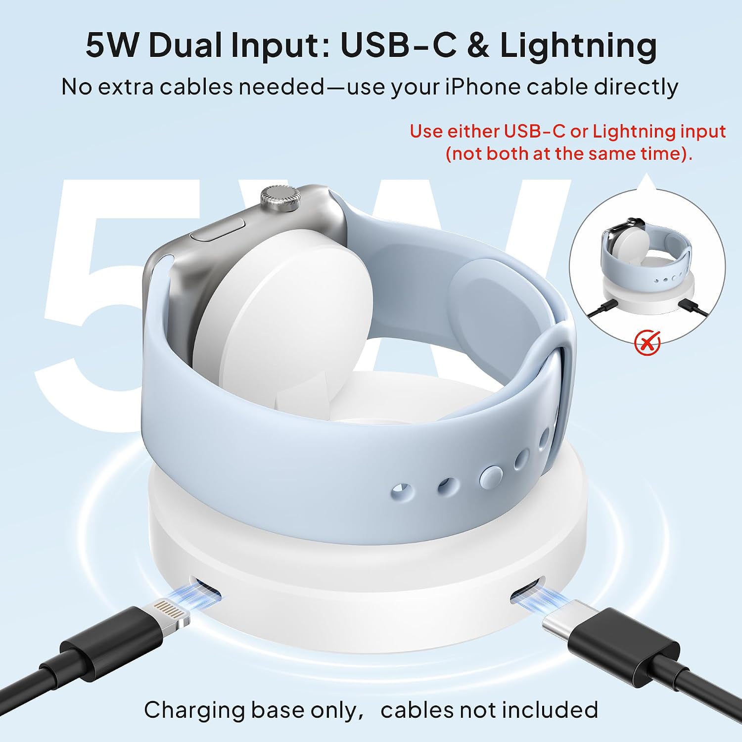 Detalle 2 de Elebase 5W Foldable Apple Watch Charger with USB-C and Lightning Inputs