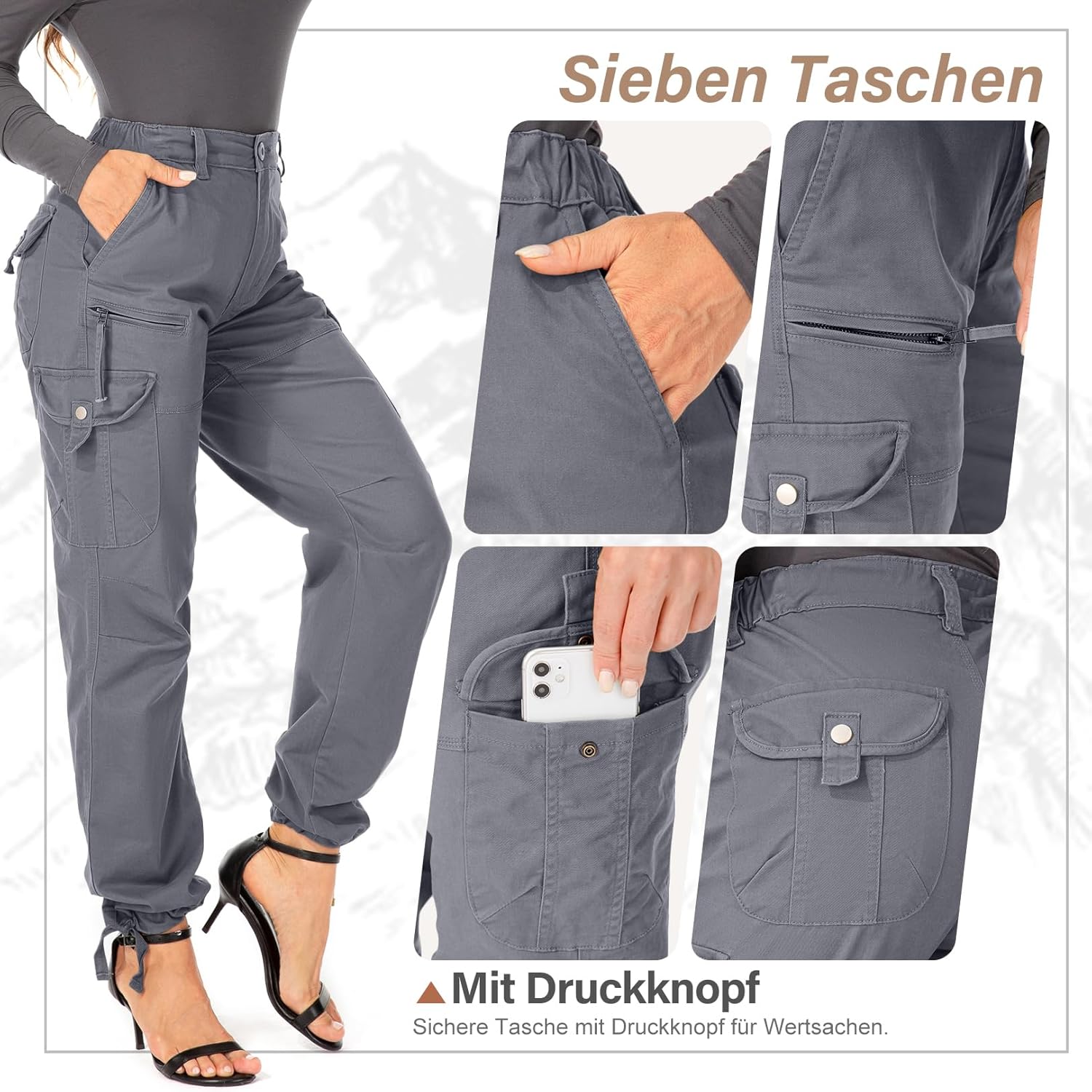 Thumbnail 2 de yeyity Damen Cargohose – Multi Taschen Wanderhose aus Baumwolle, Relaxed-Fit