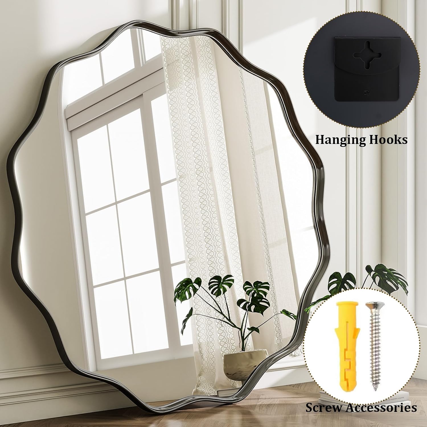 Detalle 2 de HARRITPURE 30" Scalloped Round Wall Mirror, Black Wavy Metal Frame
