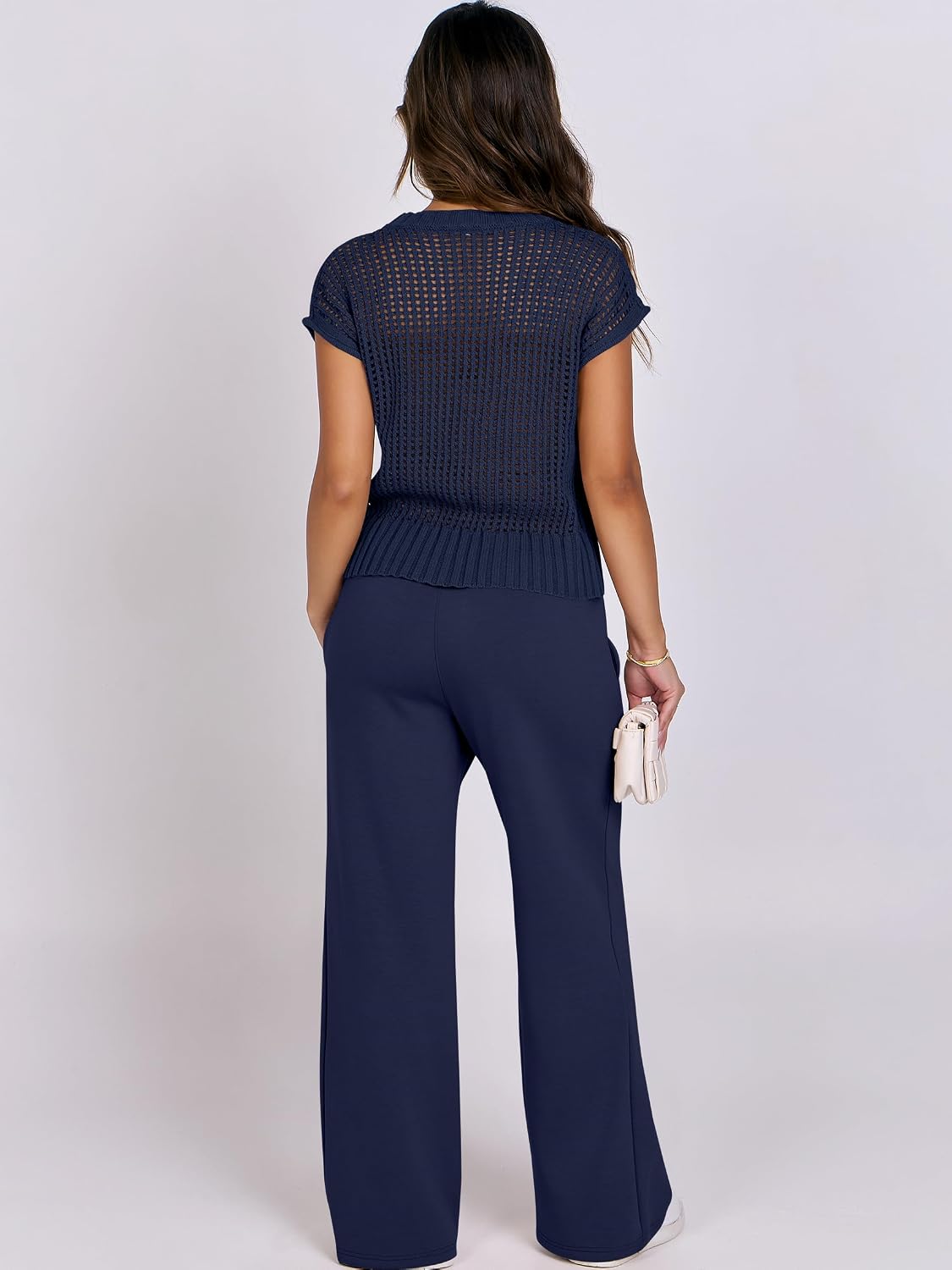 Detalle de ANRABESS Women’s Two-Piece Crochet Sheer Knit Set with Wide-Leg Pants