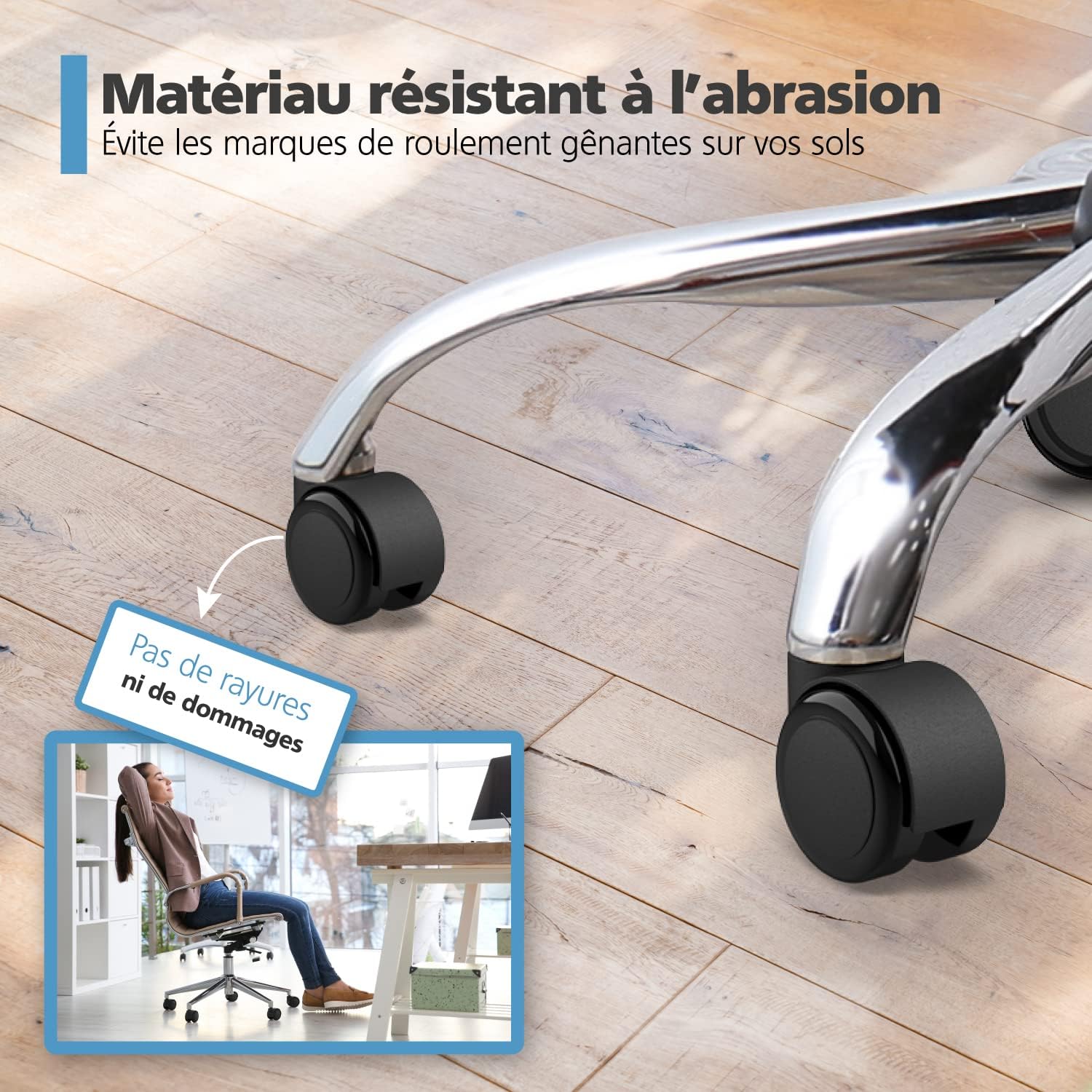 Detalle 2 de RAVN HAMAN – Jeu de 5 roulettes de chaise de bureau 10 mm x 22 mm pour sols durs (175 kg au total) – Installation sans outil