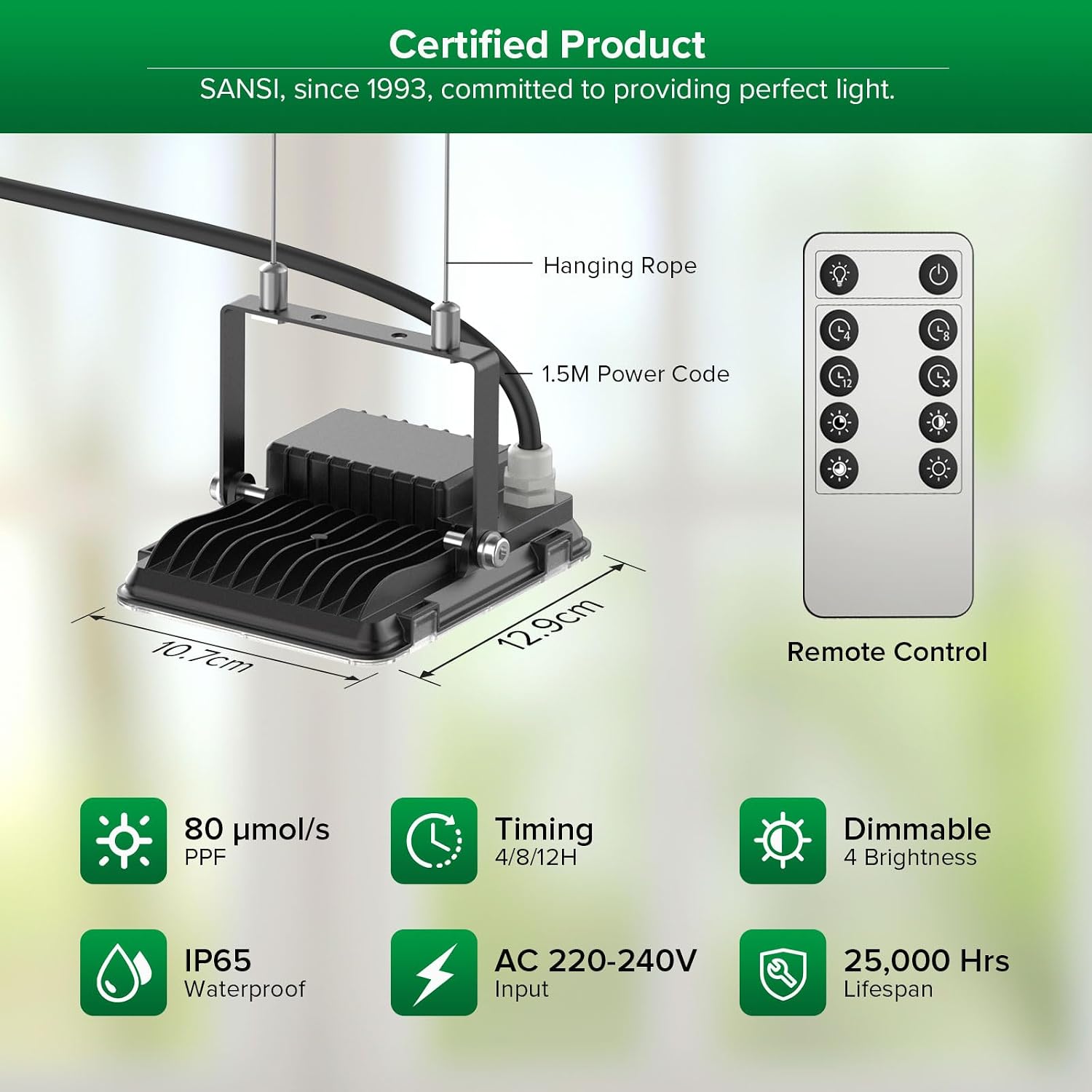 Detalle 2 de SANSI 45W Vollspektrum Pflanzenlampe LED – Grow Lampe mit 4/8/12h Timer, 4 Dimmstufen, 3000K/5000K/660nm/730nm