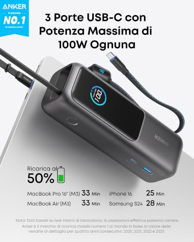 Detalle 2 de Anker Power Bank 25000mAh con 3 porte USB-C da 165W: alimenta più dispositivi con stile