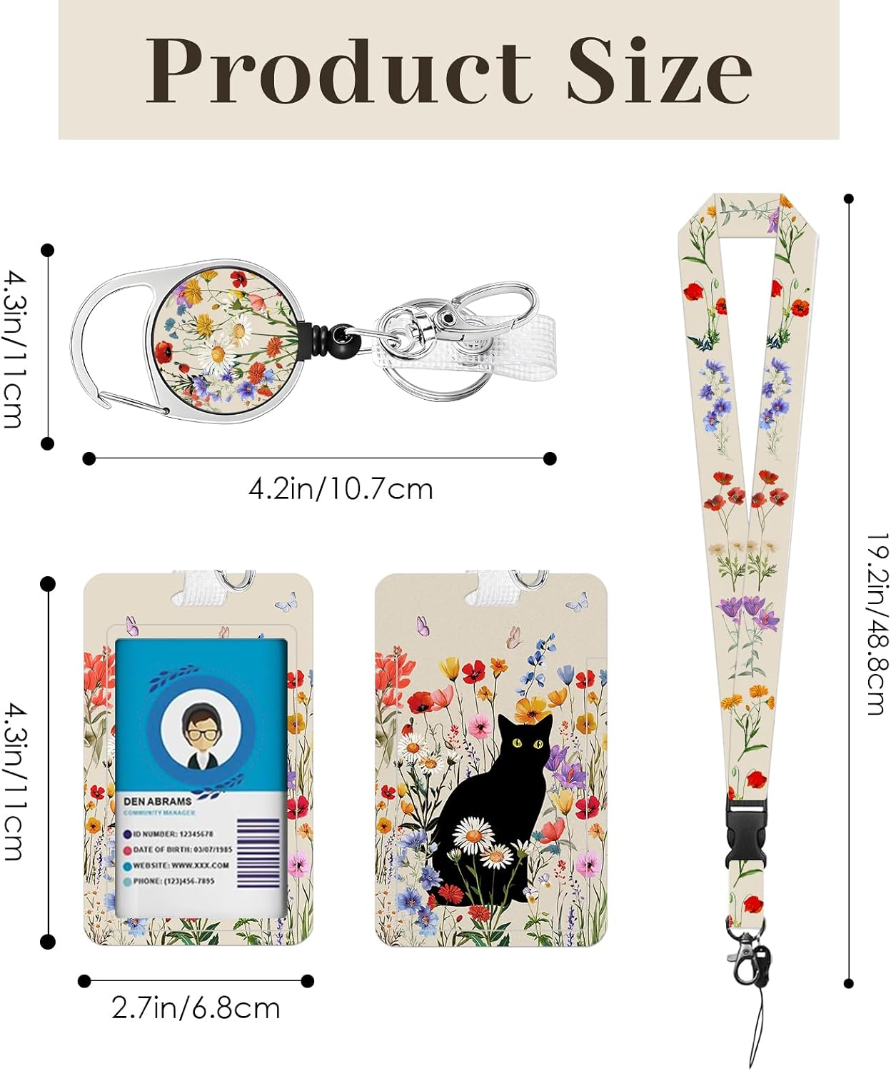 Detalle 2 de Black Cat Lanyards ID Badge Holder with Retractable Reel and Floral Design