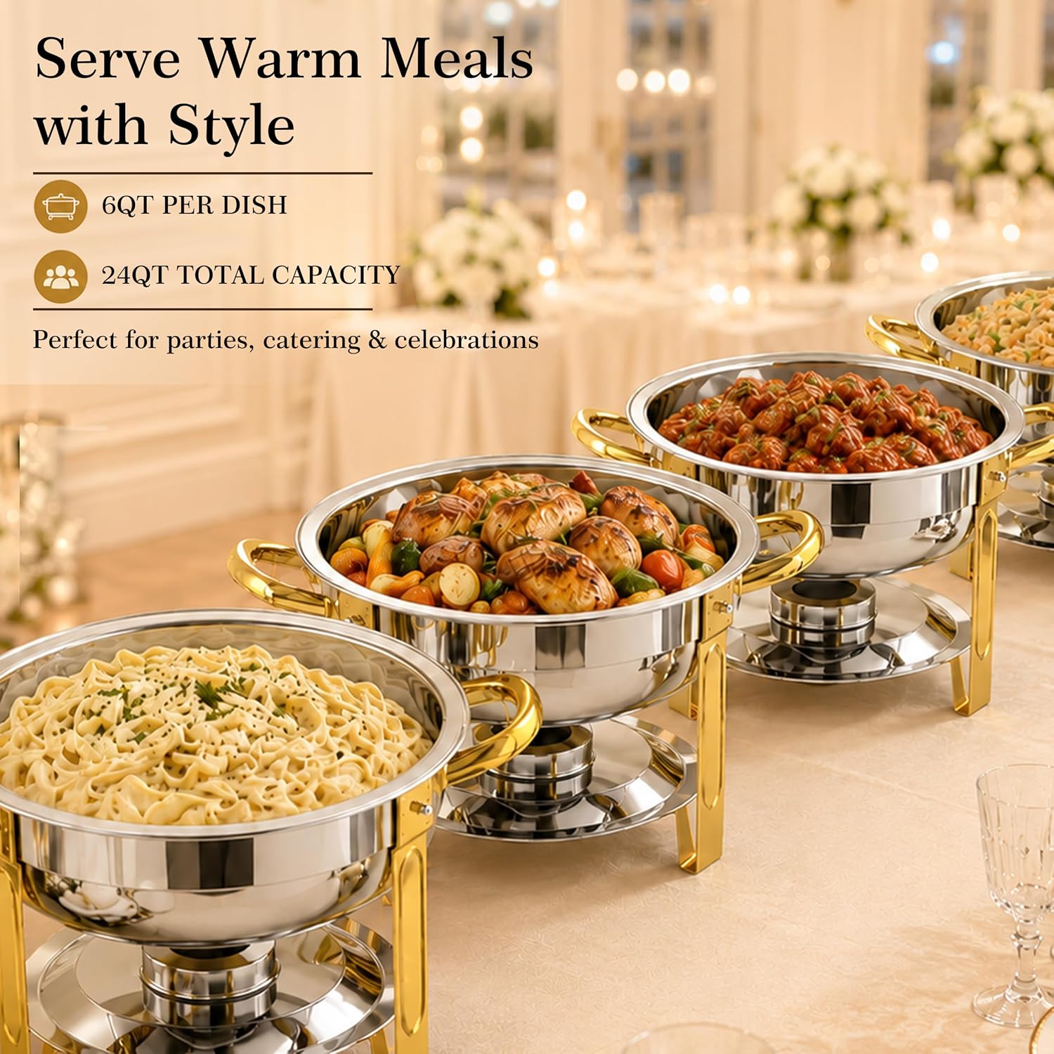 Detalle 2 de Chafing Dishes for Buffet 4 Pack - 6QT Round Stainless Steel with Elegant Gold & Silver Accents