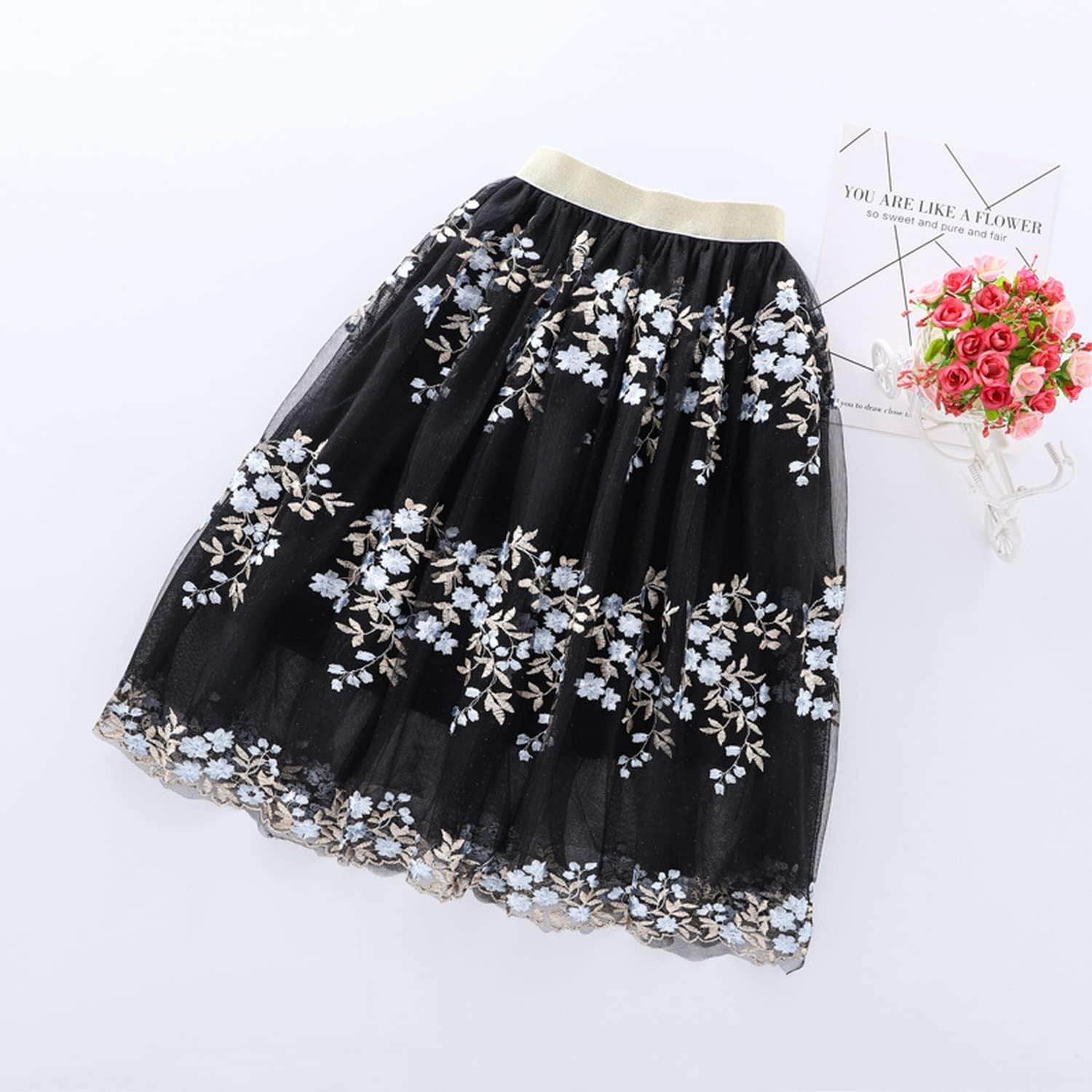 Detalle de es-uk Girls Floral Tulle Skirt with Elastic Waistband – Elegant Party, Wedding & Occasion Skirt for Kids
