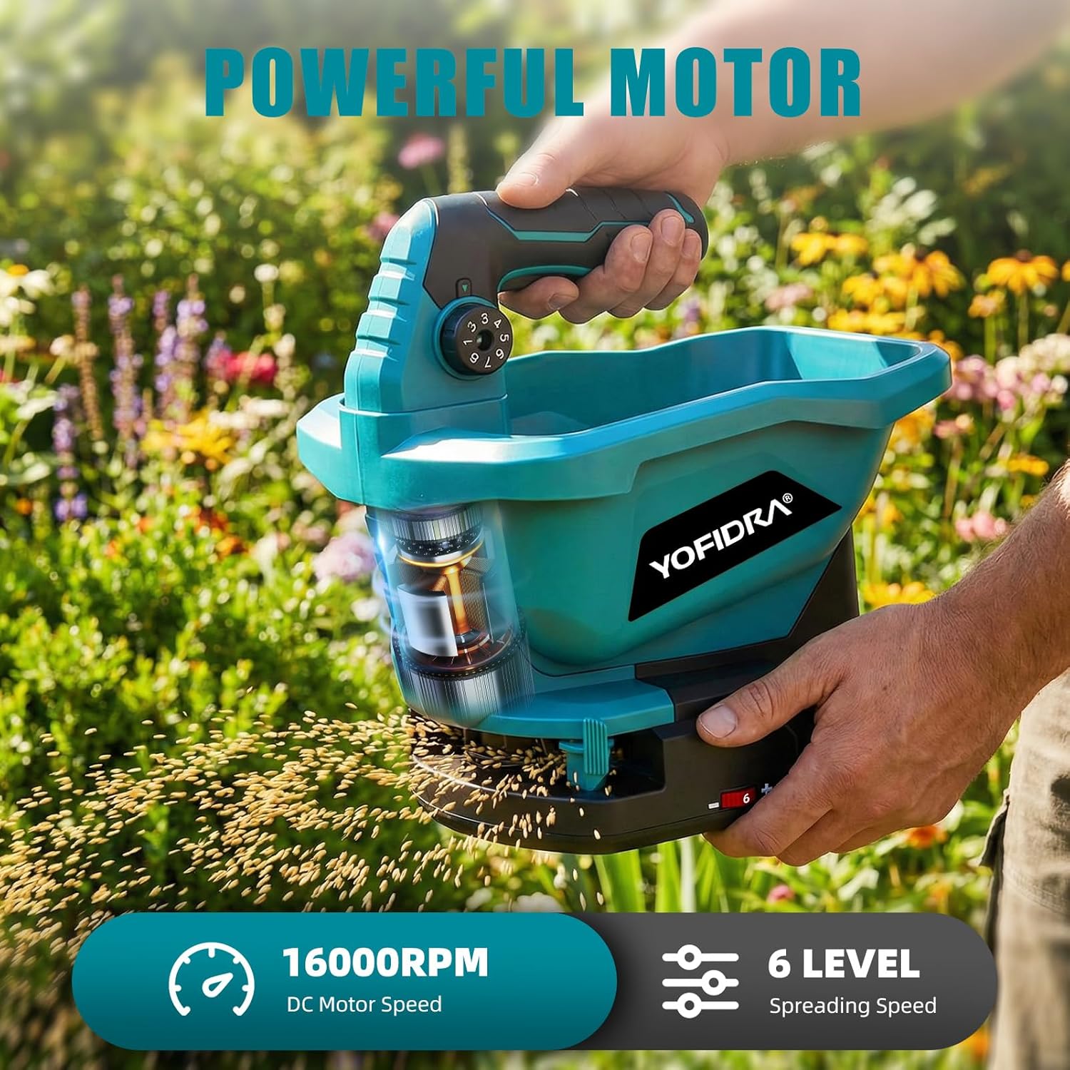 Detalle 2 de Yofidra Cordless Seed Spreader (3.3L) with 6 speed settings & up to 5m scatter width