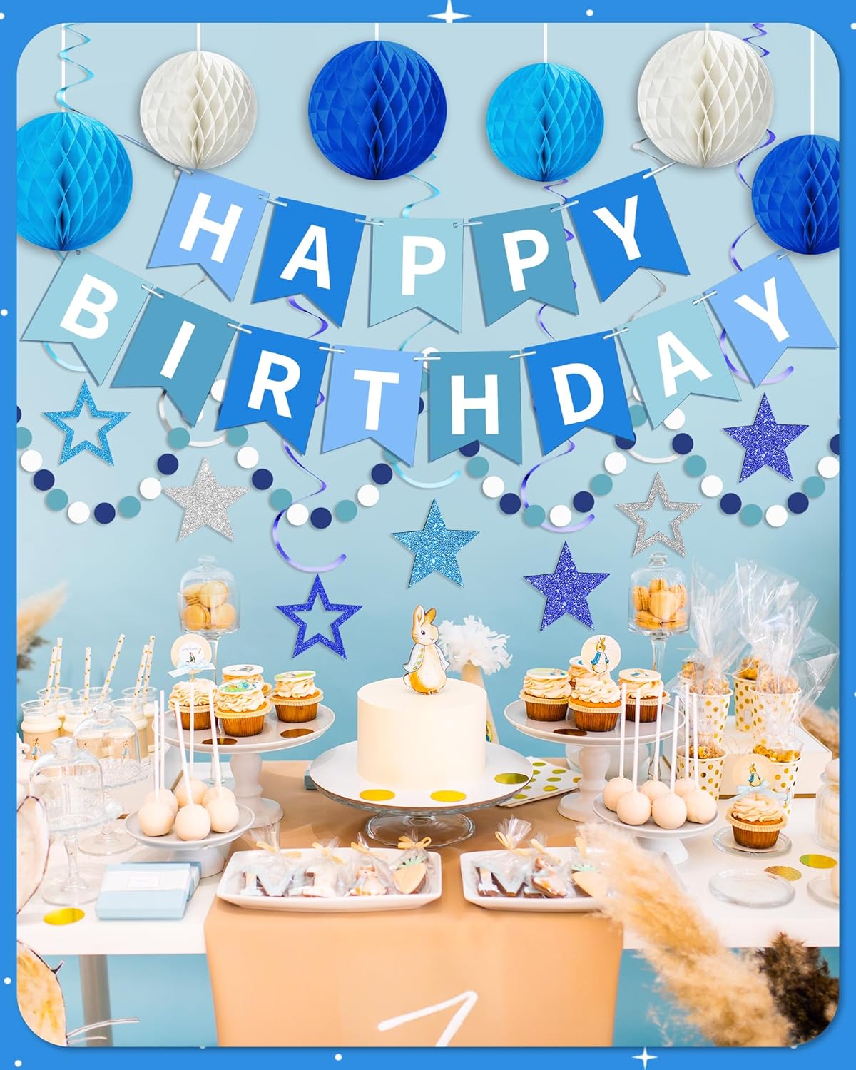 Detalle de Blue Happy Birthday Decorations: Banner Set with Honeycomb Balls, Star Swirl Streamers & Dots Garland