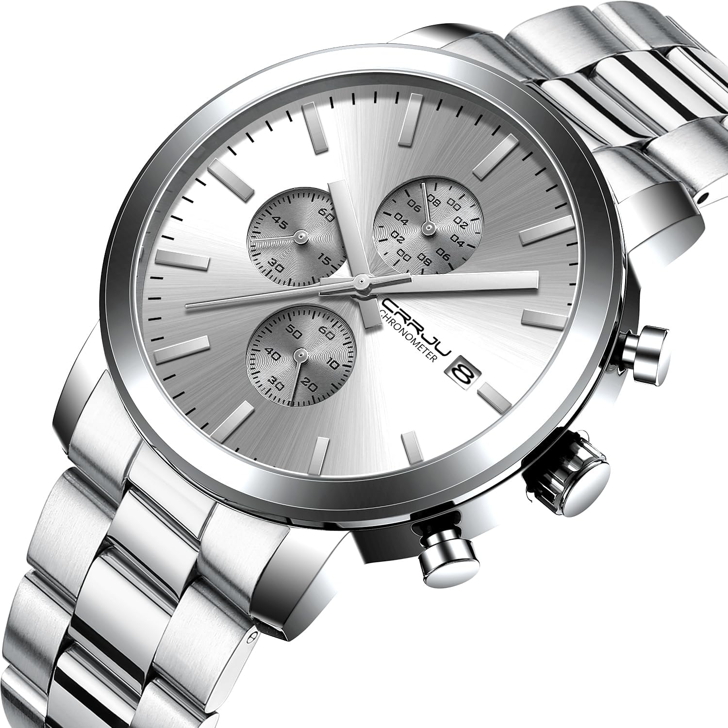 Detalle de CRRJU Herren Chronograph Uhr aus Edelstahl – Datum, Stoppuhr, 30 m Wasserfest