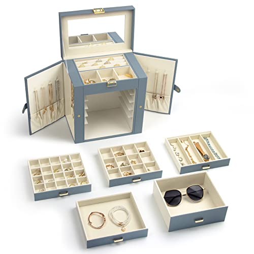 Detalle de KAMIER Boîte à bijoux pour femme – grande boîte de rangement à 6 couches avec miroir et 5 tiroirs, bleu-gris