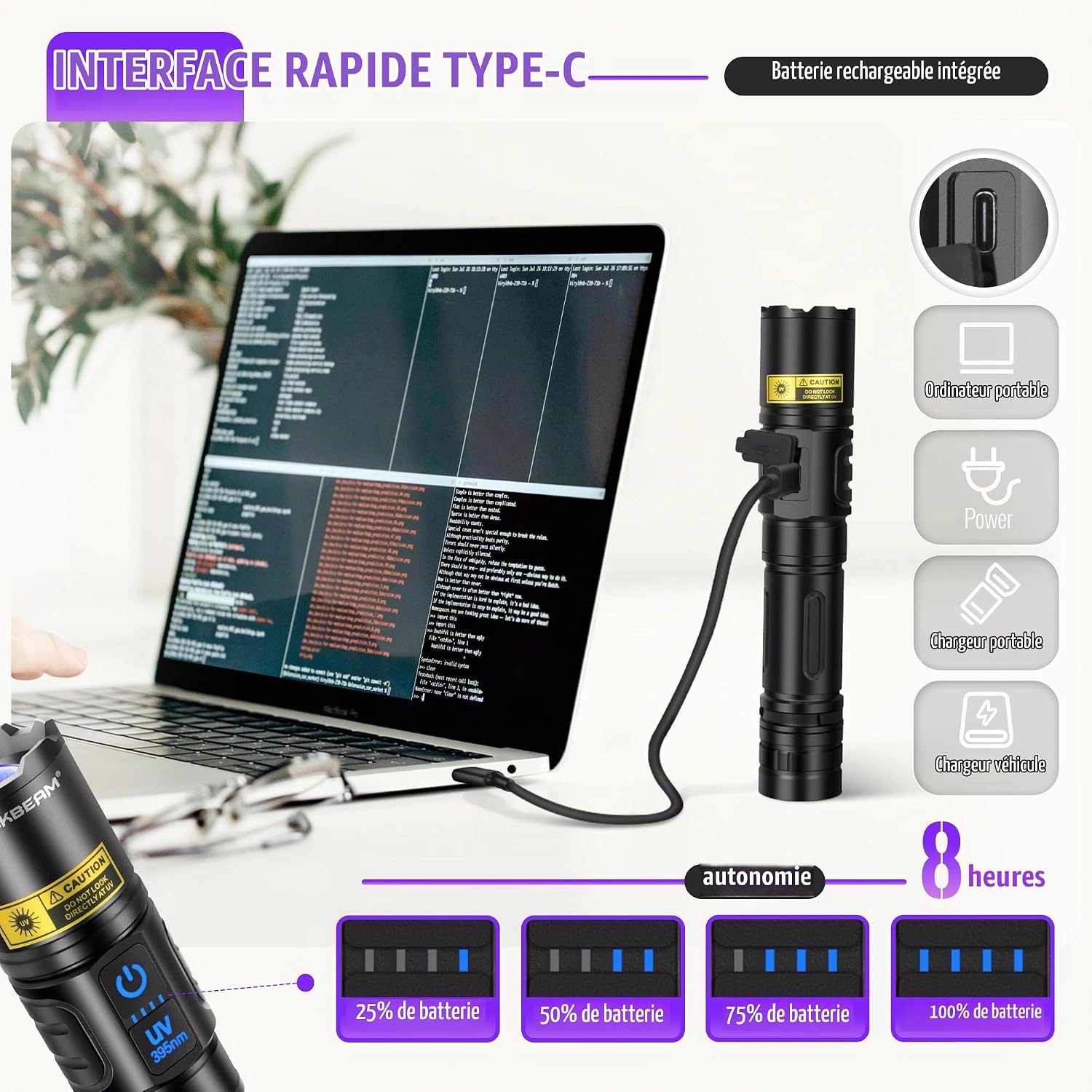 Thumbnail 6 de DARKBEAM A900 LED- en UV-zaklamp, 395 nm, USB-C-oplaadbaar, set van 2