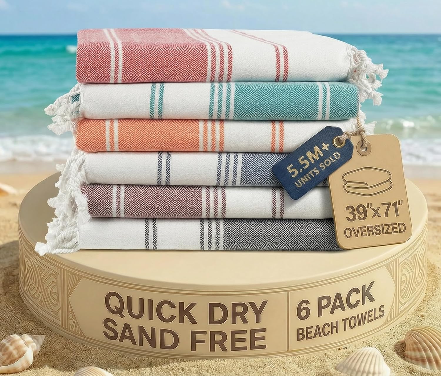 Detalle de LANE LINEN Beach Towels 6 Pack: Cotton Rich, Oversized, Pre-Washed and Quick-Dry