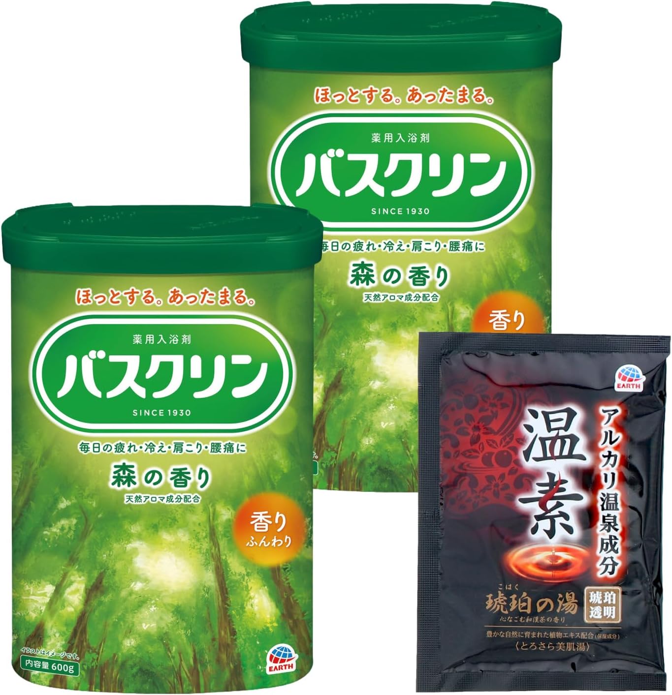 Detalle de バスクリン 森の香り 入浴剤 600g×2個+温素1包、透明なウッディグリーンの湯